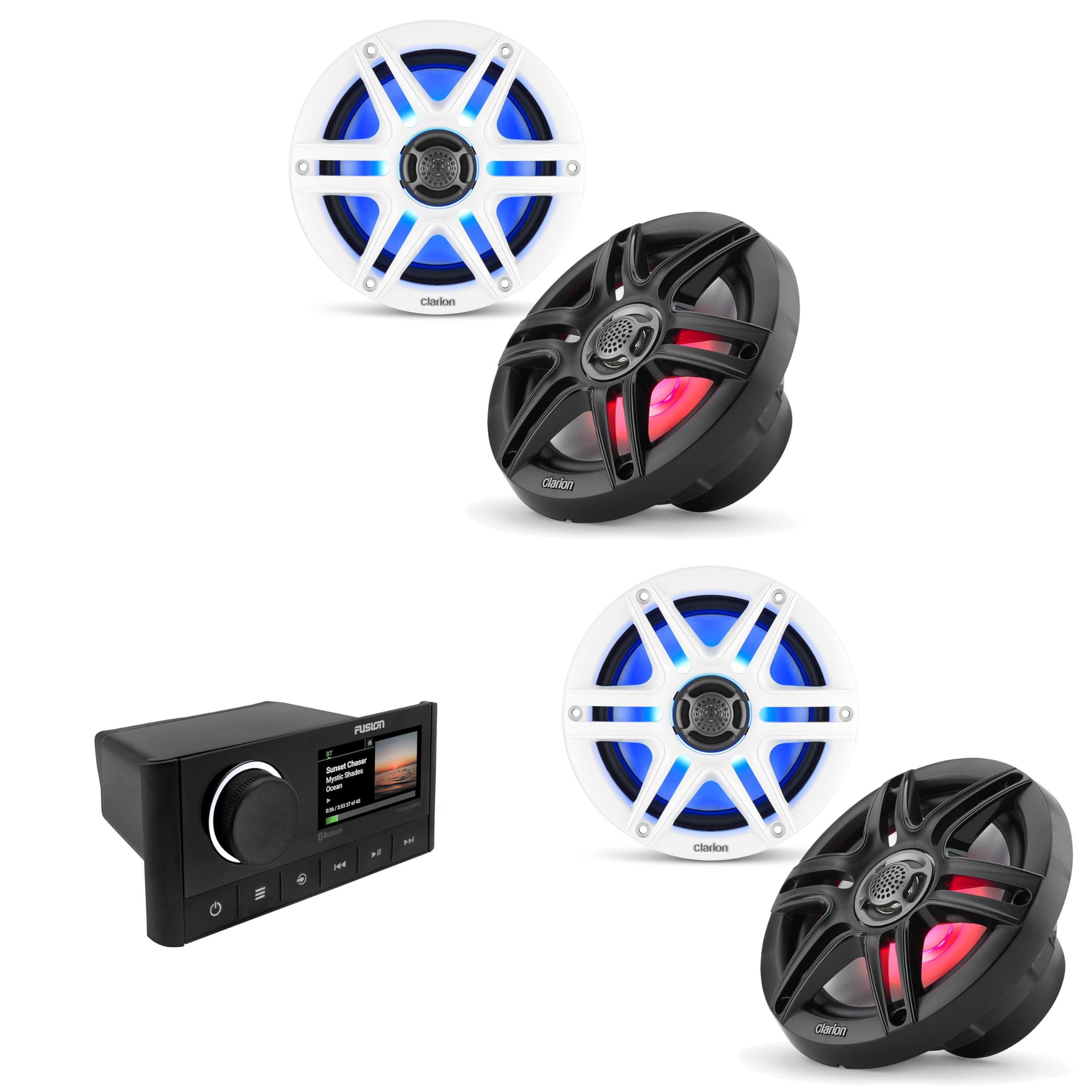 Fusion MS-RA670 Apollo Source Unit w/ (2 Pair) Clarion CMS-651RGB-SWB 6.5-inch Coaxial Marine Speakers with Built-in RGB Illumination (Includes White & Black Sport Grilles)