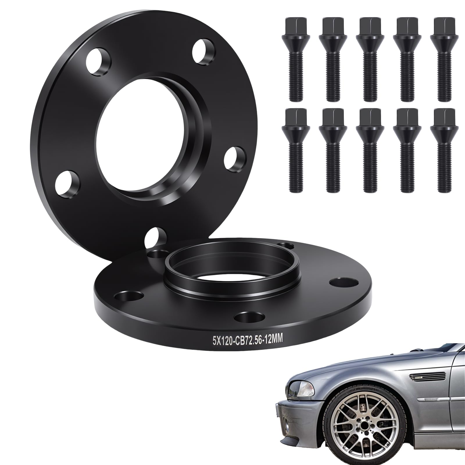 Radnaben-Distanzscheiben-Set, bestehend aus zwei 12-mm-Distanzscheiben, Lochkreis 5x120 mm, Mittenbohrungsdurchmesser 72,6 mm. Passend für BMW 3er E46, E90, E60 und Z4. (2x12mm 5x120 NLB:72.6)