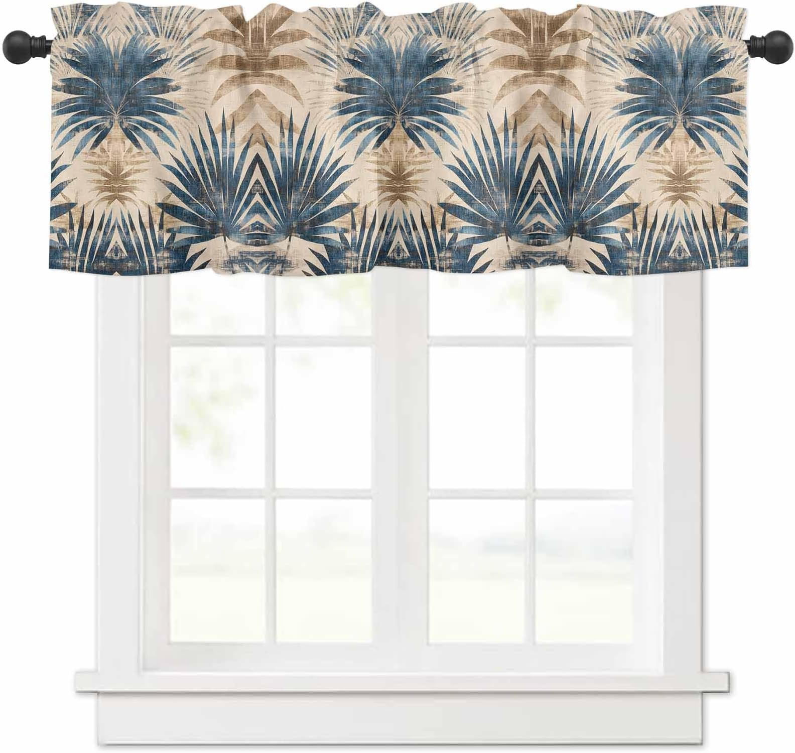 Valances for Windows, Blue Brown Palm Leaf Light Filtering Window Valance Curtains for Living Room/Bedroom, Farmhouse Leaves Summer Botanical Privacy Kitchen Curtains 60" W x 18" L