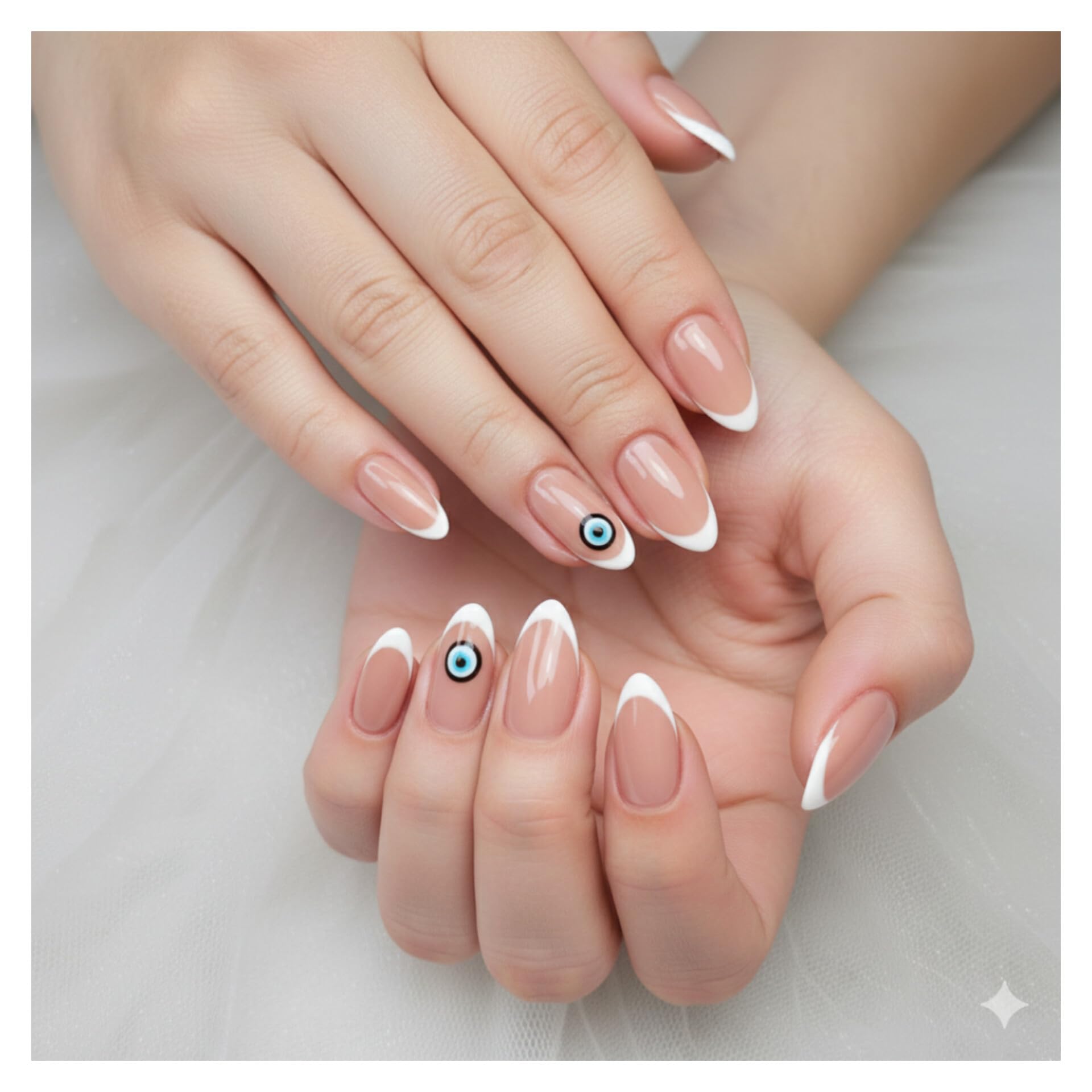 French Manicure Press-On Nails with Evil Eye Design, White Tips, Almond Shape, Artificial Nail Set-image-26