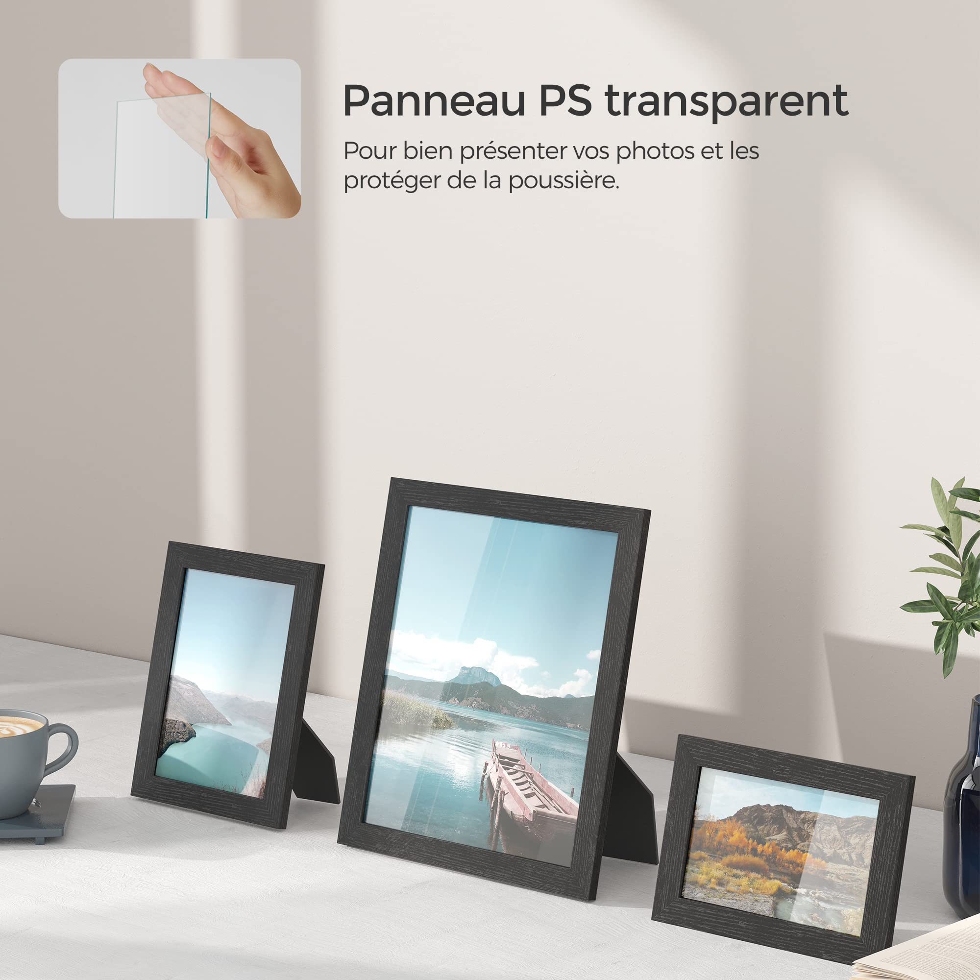 SONGMICS Cadres Photo, Lot de 10, Deux 20 x 25 cm, Quatre 13 x 18 cm, Quatre 10 x 15 cm, MDF, Protection en Plastique, MDF, Noir d'Encre RPF310H