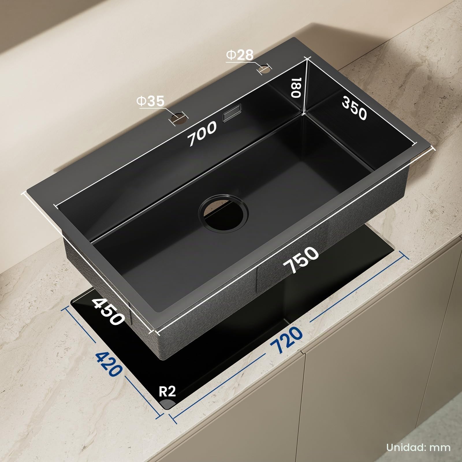 CECIPA Fregadero Negro de Acero Inoxidable 75x45 cm, Lavabo de Cocina 1 Seno Negro con Cortina Enrollable de Desagüe, Fregaderos de Cocina para Mueble de Longitud 80 cm con Sifón y Desagüe