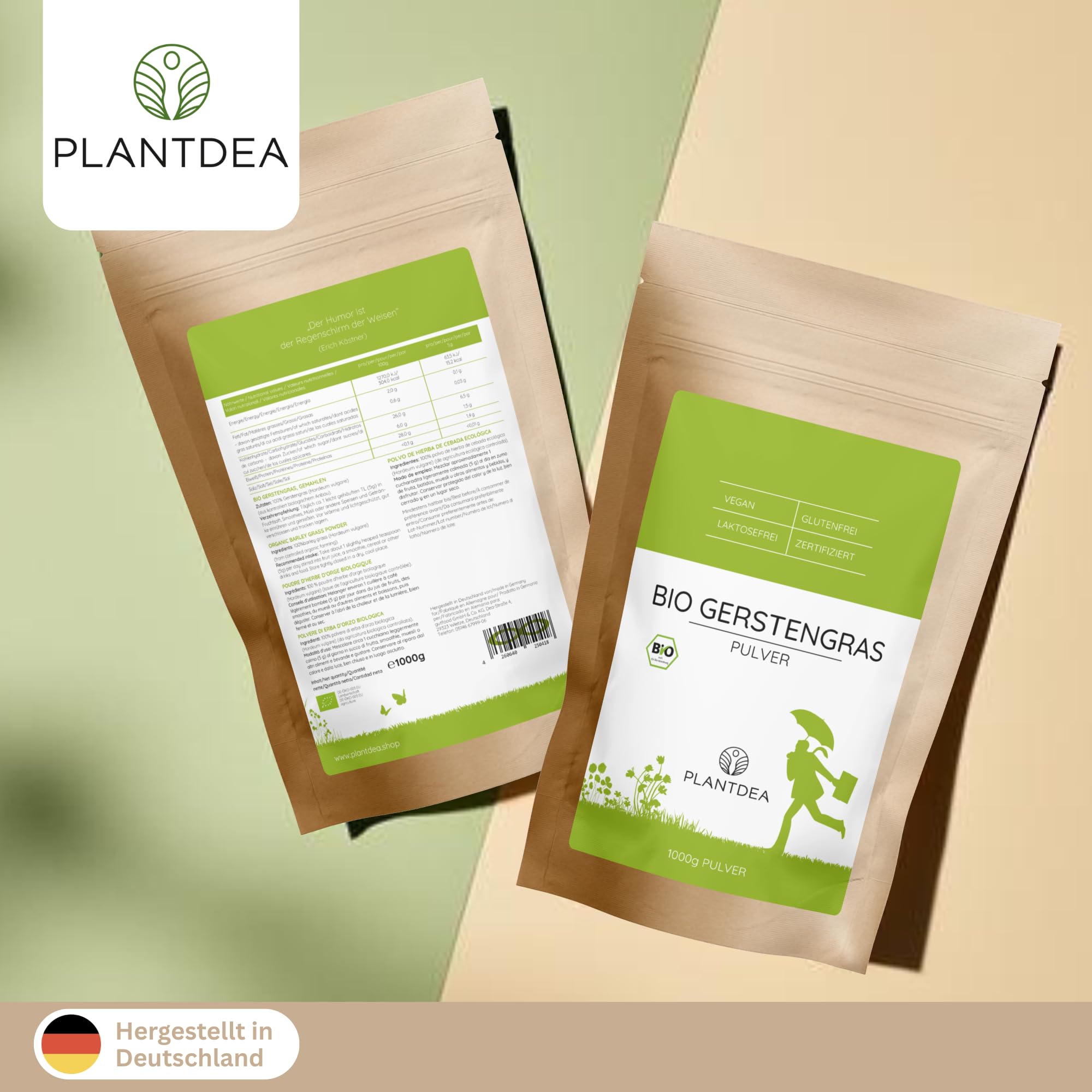 PlantDEA Bio Gerstengraspulver 1 kg – junges Gerstengras, fein vermahlen, vegan & glutenfrei – ideal für Smoothies, Säfte & Shakes – Rohkostqualität – ohne Zusätze