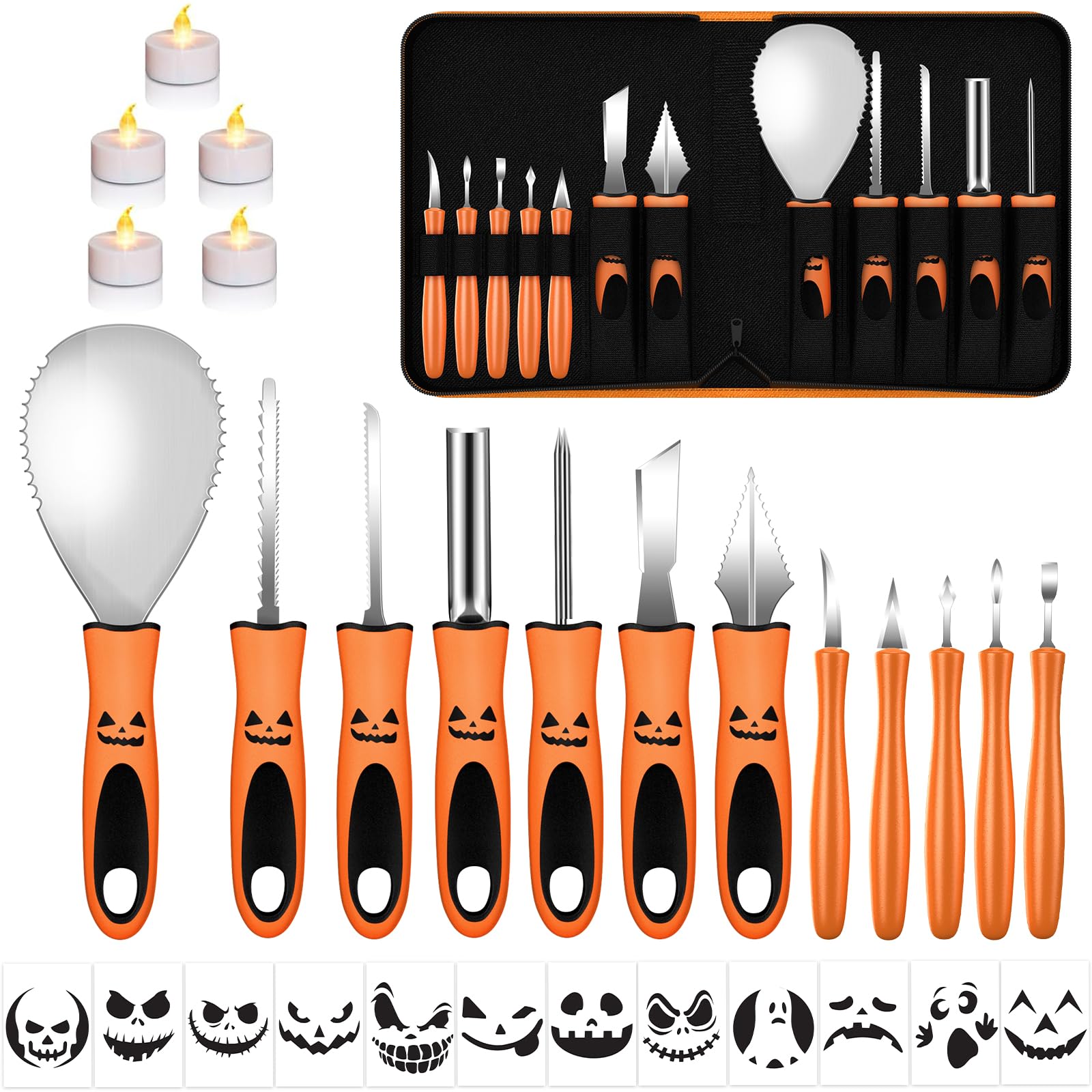 FenvellaHalloween Pumpkin Carving Kit, 12pcs Professional Heavy Duty Stainless Steel Carving Tools with 5pcs LED Lights, 12pcs Carving Stencil Paper, Storage Bag, Pumpkin Carving Set
