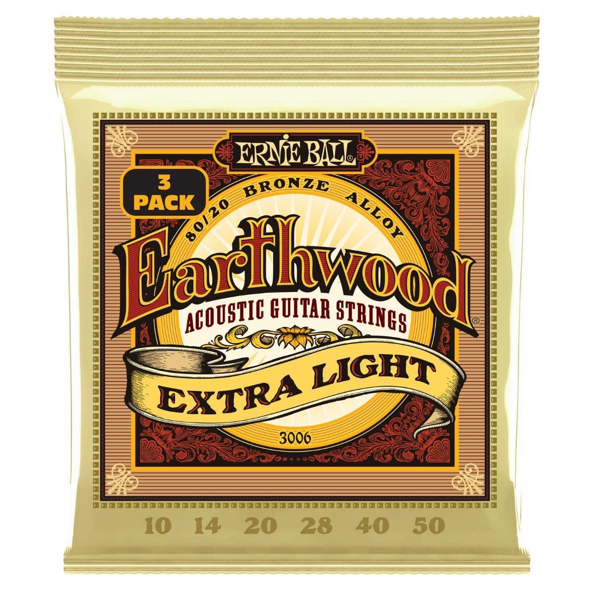 Earthwood Extra Light 80/20 Bronze Acoustic Guitar Strings 3-pack, 10-50 Gauge (P03006)