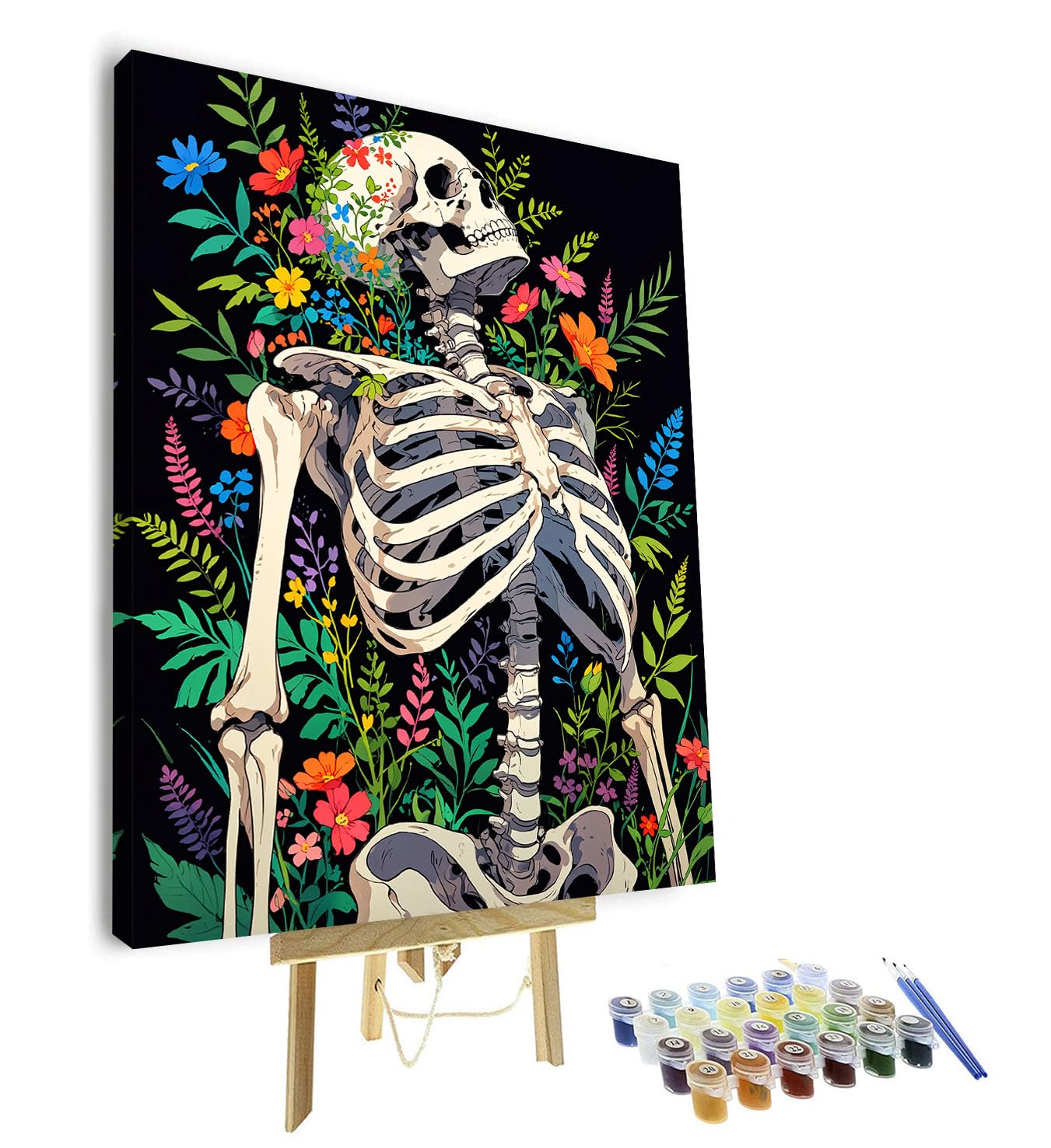 TISHIRON Paint by Numbers Kit for Adults, Adult Paint by Number - Skeleton Surrounded by Vibrant Flowers and Lush Foliage, Unique Gothic Memento Mori Art, Painting by Numbers - 16x20 Inch(Framed)