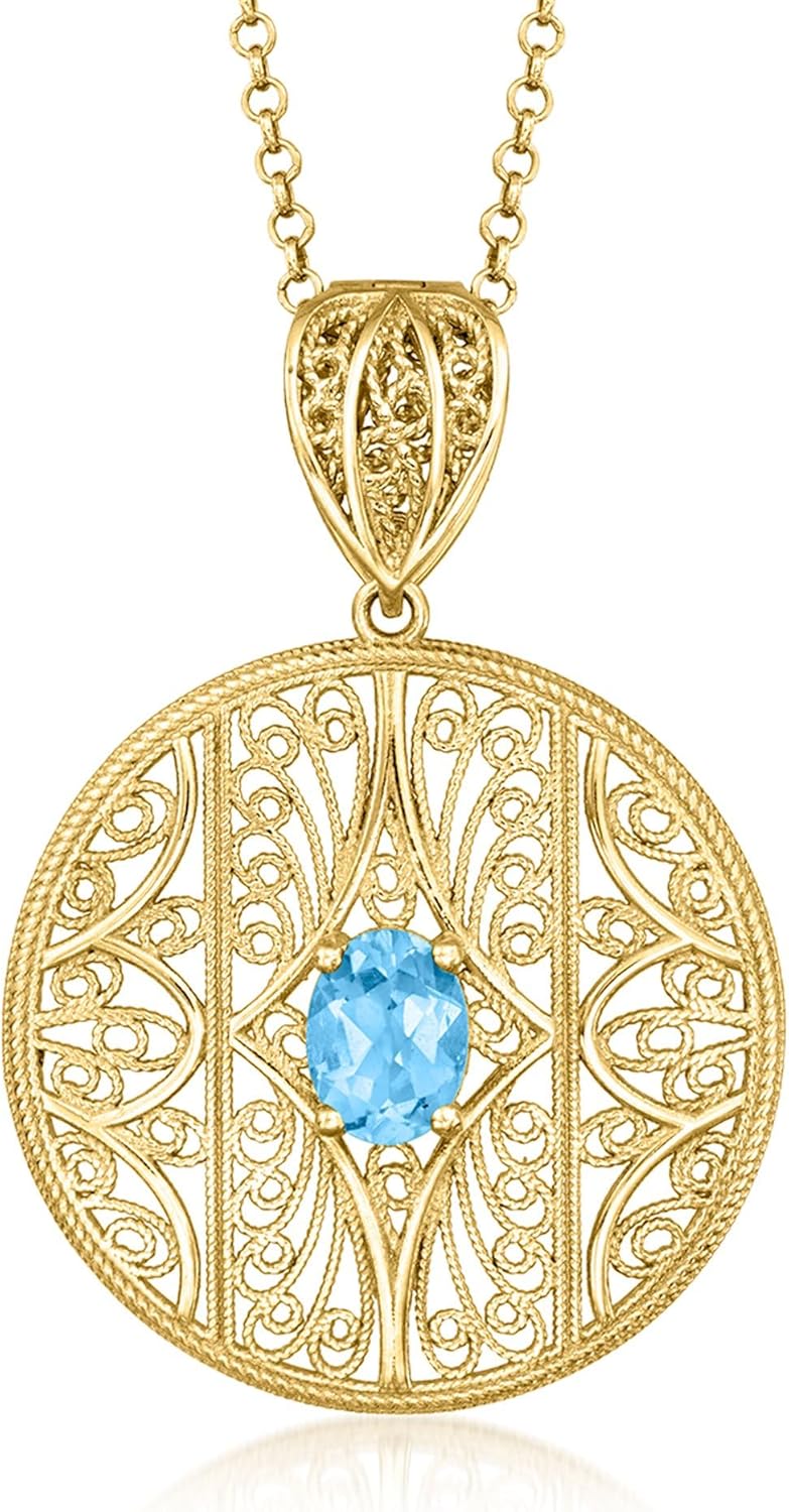 Ross-Simons 1.20 Carat Swiss Blue Topaz Filigree Pendant Necklace in 18kt Gold Over Sterling. 18 inches