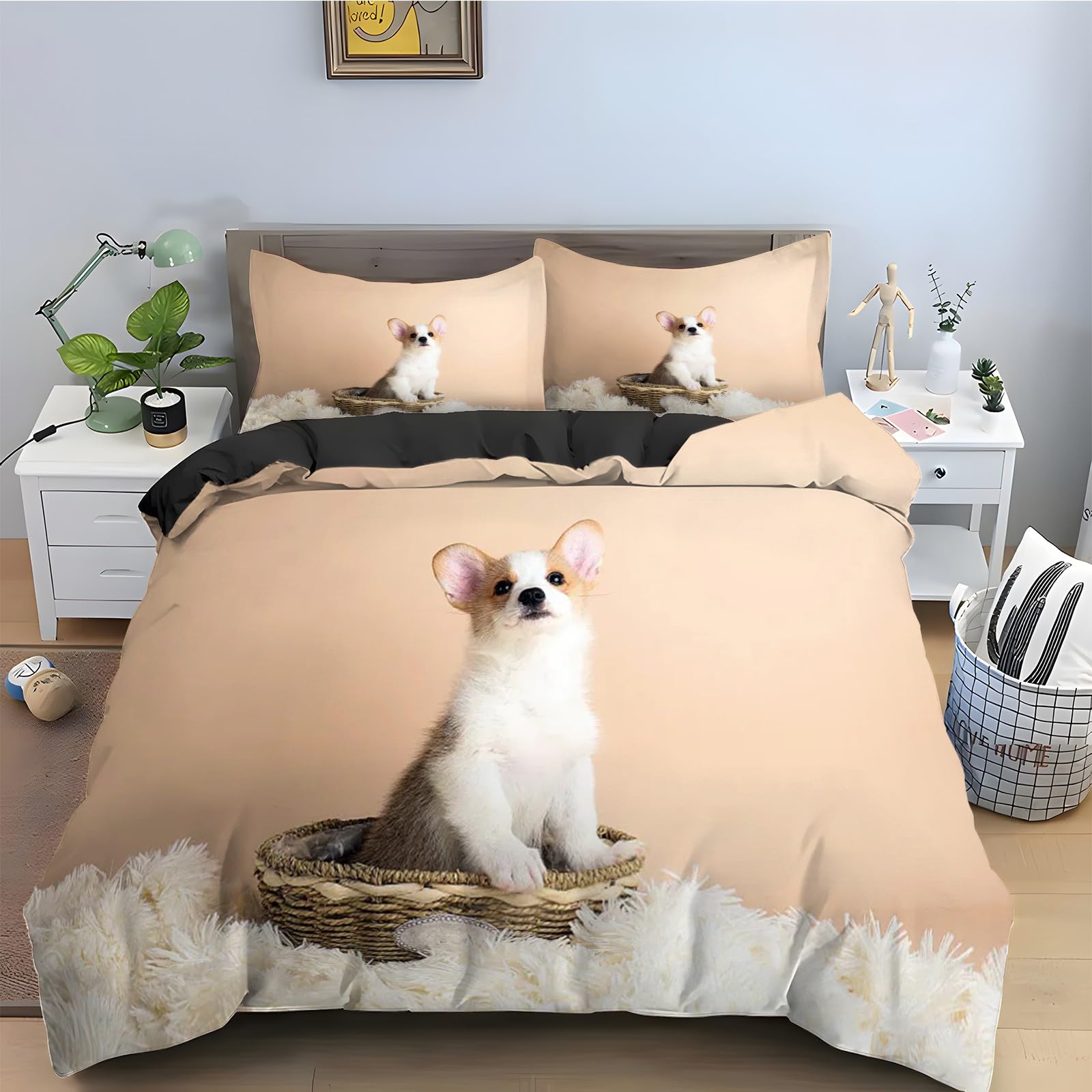 Housse de couette Corgi et chat pour une chambre d'enfant chaleureuse et ludique