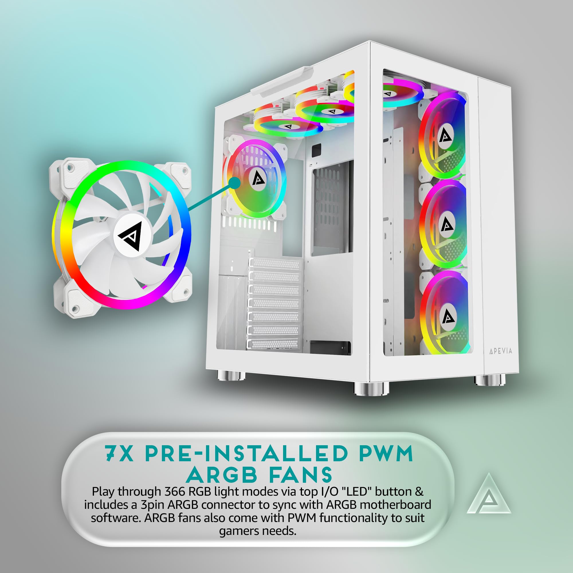 Apevia Prism-Elite-WH Prism Elite Mid Tower ATX Gaming PC Cube Case w/7 x 120 mm PWM ARGB ventole, 366 modalità RGB, doppio pannello in vetro temperato, supporto radiatore 360 mm, 2 x USB 3.0, 2 x USB