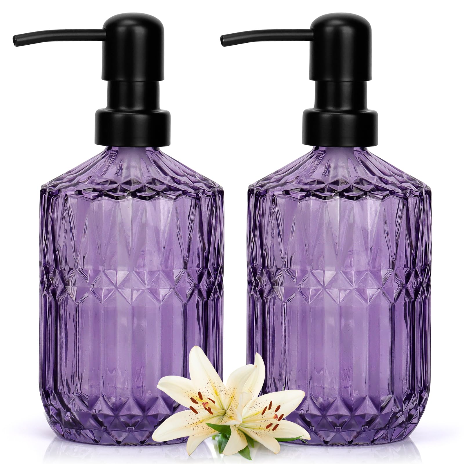 Ulable 13.5oz Glass Soap Dispenser with Plastic Pump, Bathroom Soap Dispenser for Hand Wash & Dish Wash, Elegant Dispenser for Dishwashing Liquid, Lotion, Essential Oil (Purple)
