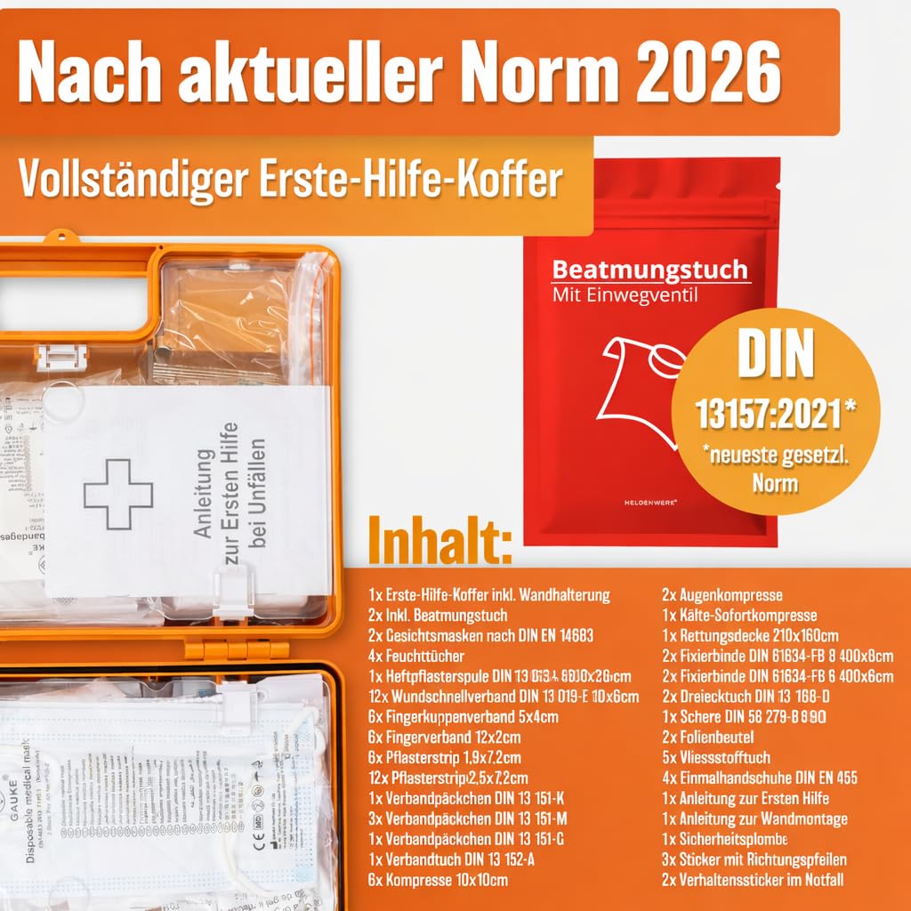 HELDENWERK Trousse de premiers secours selon la nouvelle norme DIN 13157:2021 avec support mural et autocollants | Mallette de premiers secours universelle pour entreprise, maison ou restauration
