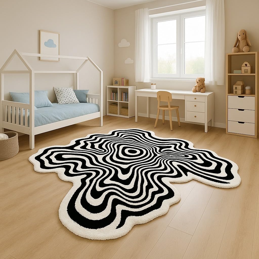 Hand Tufted Rug 4x4 Area Rug of 100% New Zealand Wool Modern Irregular Carpet Rugs for Living Room Bedroom Hall Entryways & Perfect for Home Decor (Black and White, 4x4 ft)