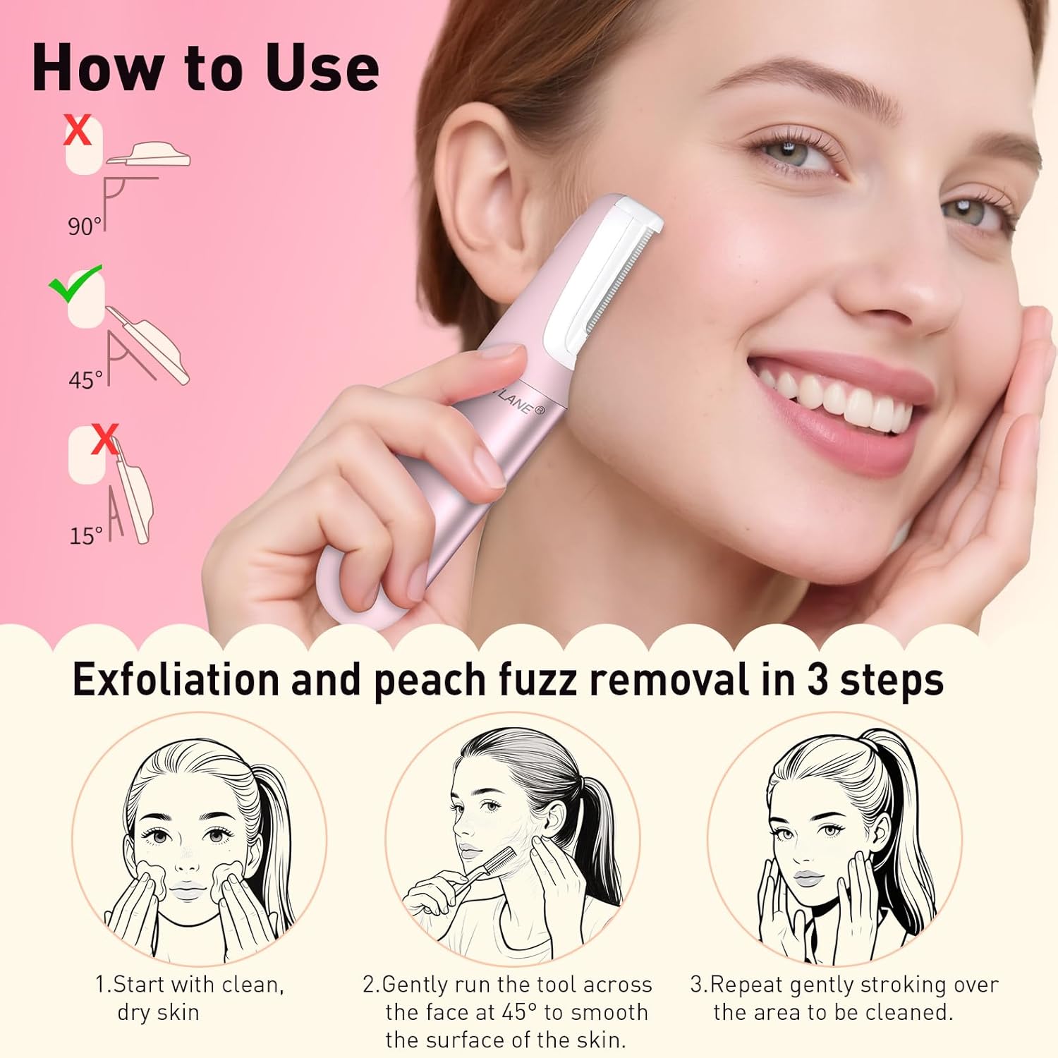 Dermaplane Razor for Women Face, Dermaplaning Tool for Face, Sonic Exfoliation & Peach Fuzz-Hair Removal System with 10 Dermaplaning Blades, Charm Pink - Image 9