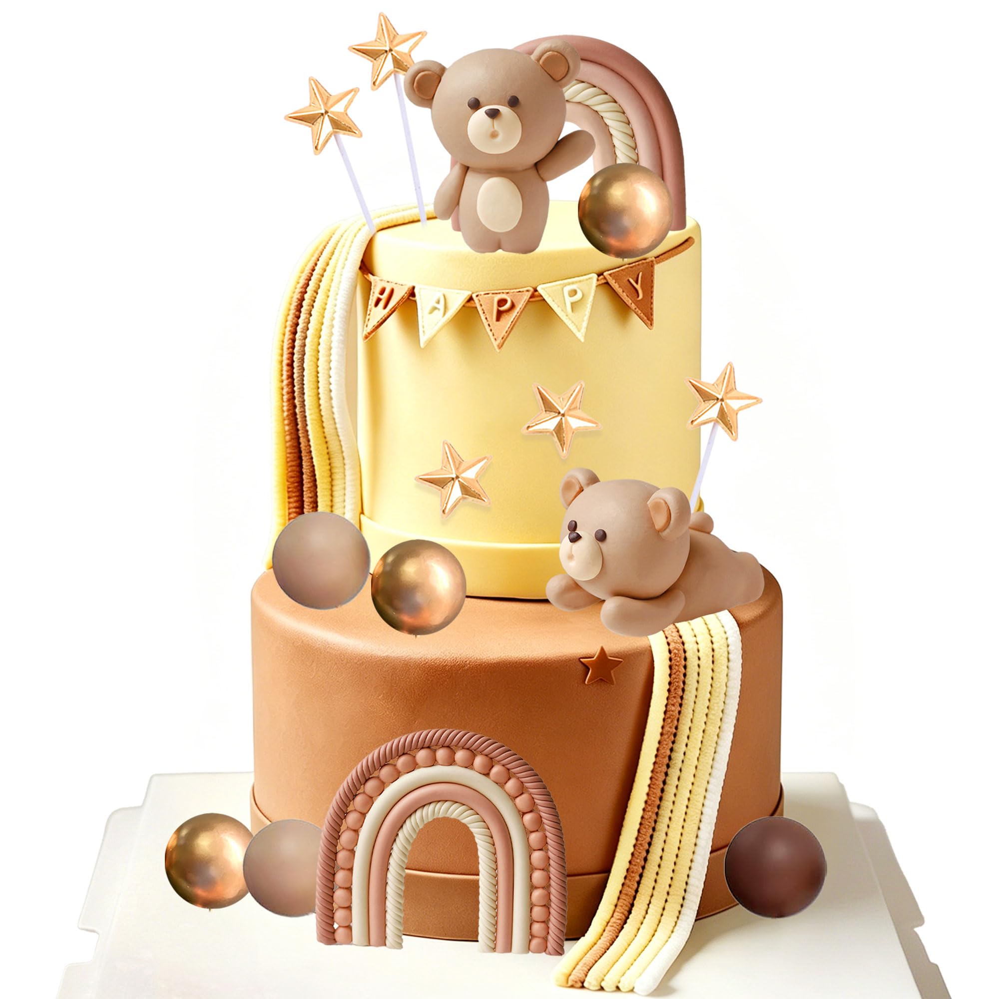 LaVenty Brown Bear Cake Decoration Beige Brown Rainbow Balls Cake Topper โ image 1