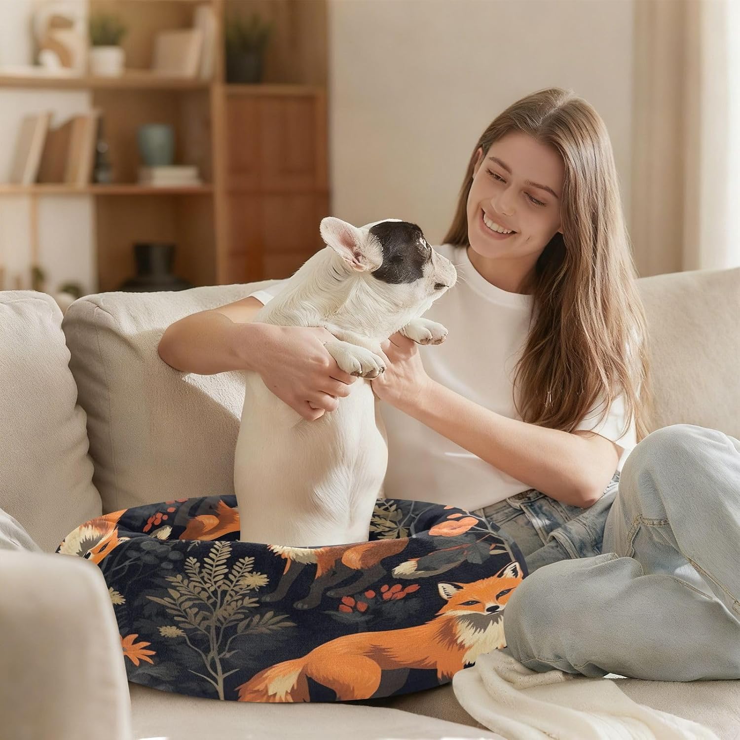 Dog Bed Ultra Soft Fluffy Comfortable Cat Bed, Cartoon Foxes Washable Dog Beds Anti-Slip Round Pet Beds for Medium Dogs