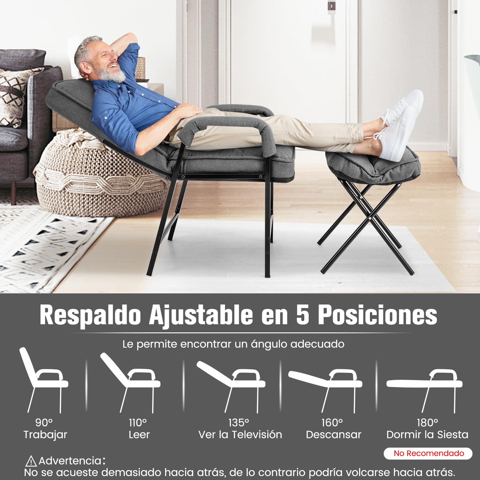 COSTWAY Silla Moderna con Otomana, Sillón de Tela de Lino con Respaldo Ajustable y Marco de Metal Sólido, Juego de Sillón Individual y Reposapiés Tapizados para Dormitorio, Sala de Estar (Gris)