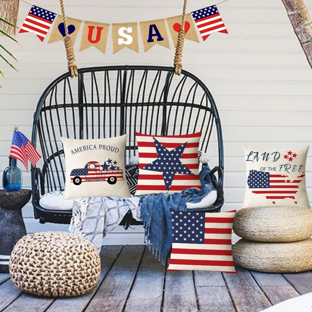 YeeJu Set of 4 Patriotic Throw Pillow Covers 24x24 4th of July Pillow Covers American Flag Fourth of July Memorial Day Independence Day Red White Blue Veteran Pillow Cases for Home Outdoor Decoration