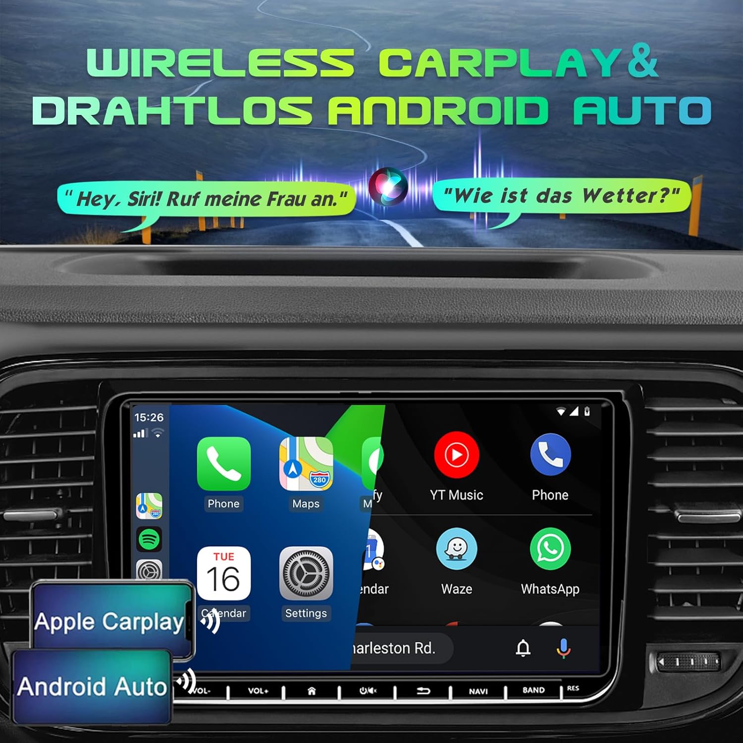 SEMAITU TH0029DAB Car Radio screen showing Apple CarPlay and Android Auto interfaces with various app icons.