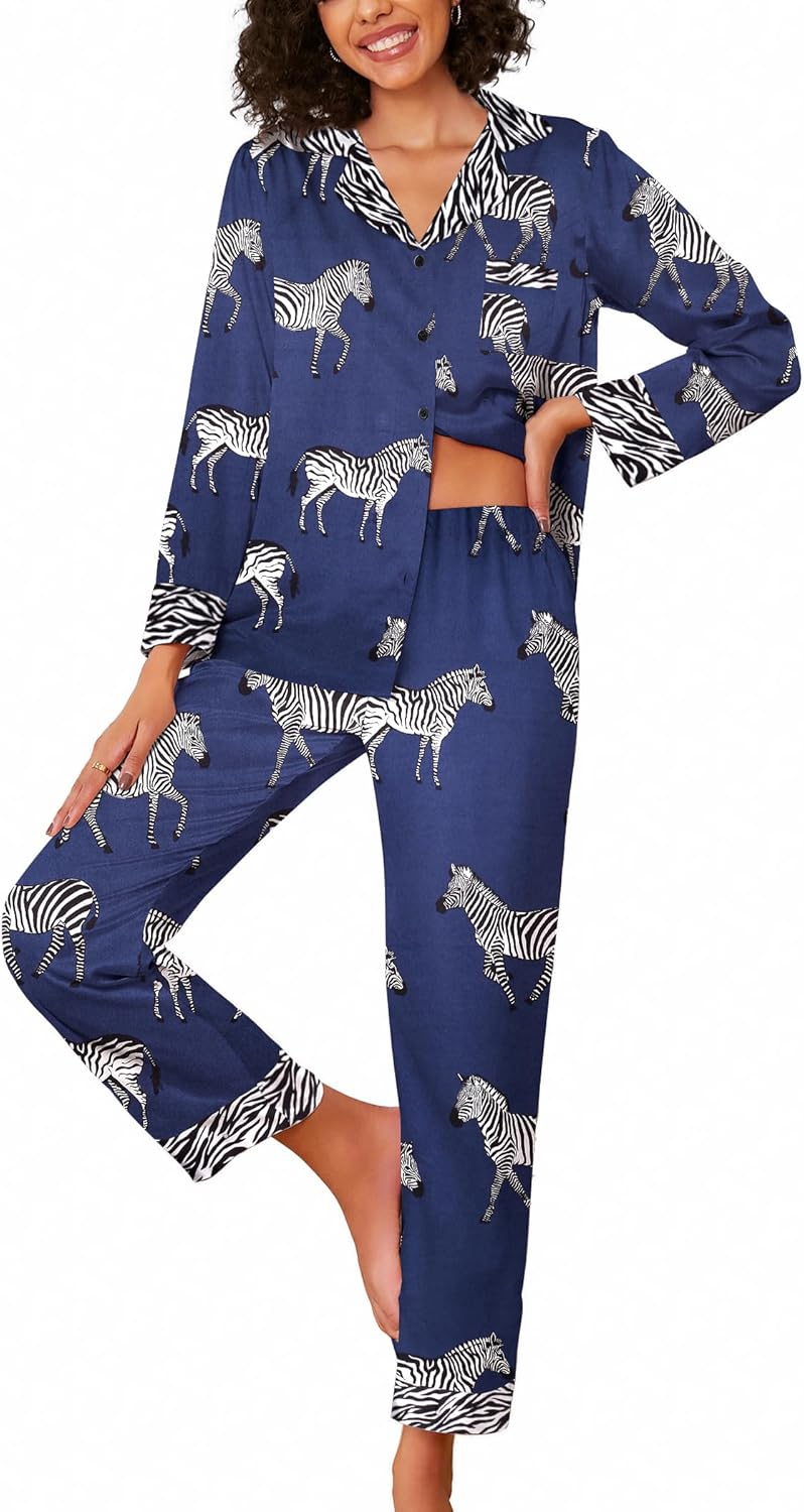 Ekouaer Silk Pajamas for Women Long Sleeve Satin Pajama Set Striped Leopard Print Pj Sets Button Down Loungewear Sleepwear