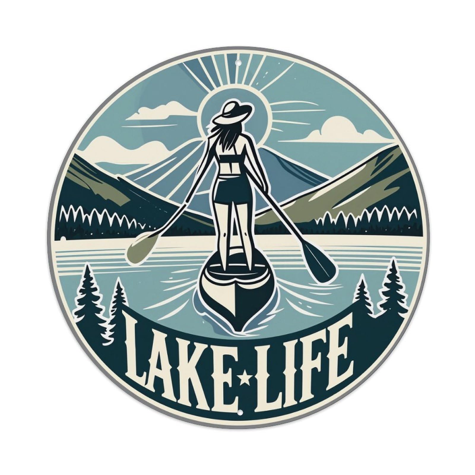 Lake Life Woman Paddling Canoe Round Tin Sign Vintage Metal Poster Retro Bar, Home, Man Cave, Kitchen, Laundry Room Wall Art Decor Gift 8x8Inch