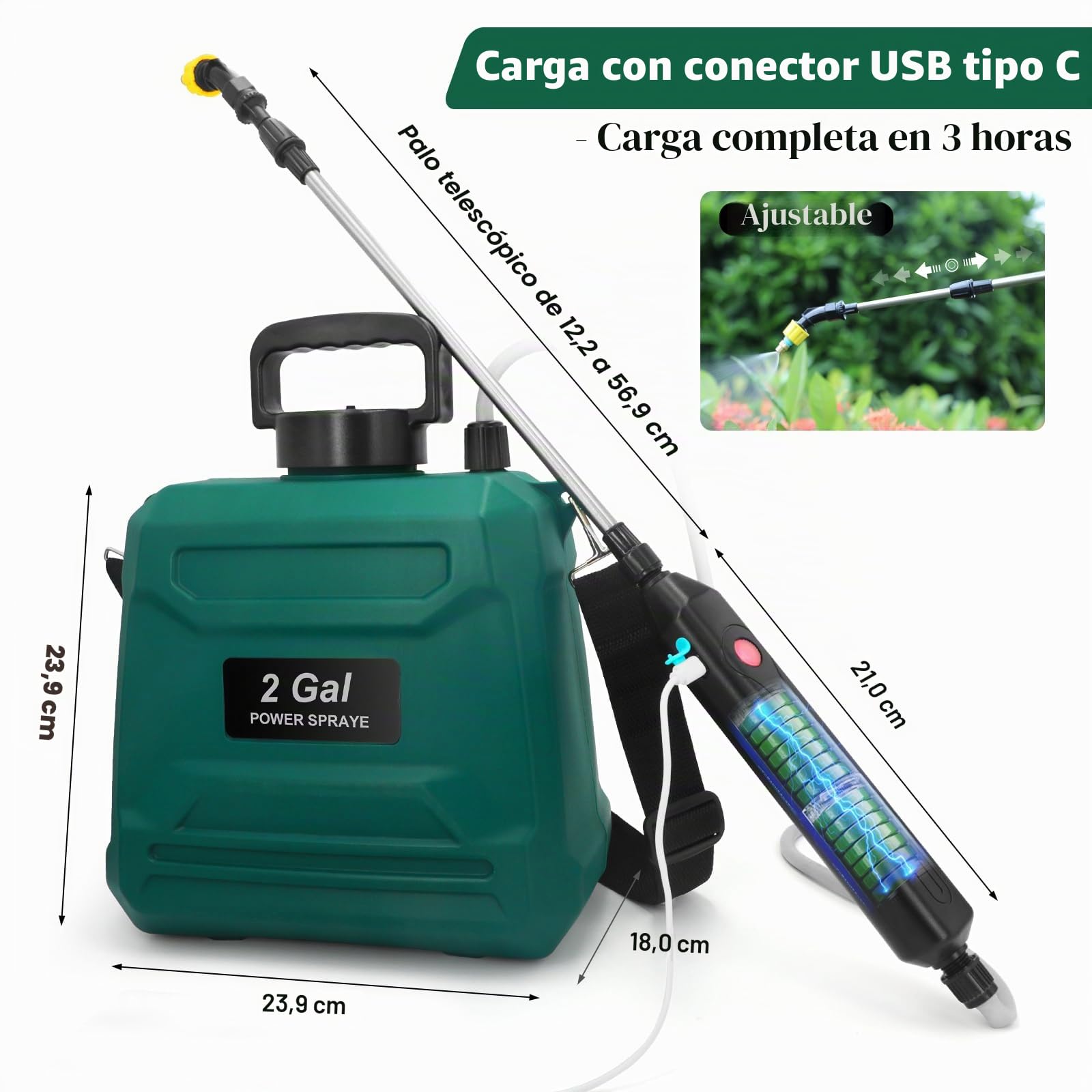 Pulverizador Eléctrico de Jardín 8 L a Batería, Recargable por USB con 3 Boquillas Ajustables, Lanza Telescópica y Correa Ajustable, Pulverizador de Presión para Riego, Plantas y Deshierbe