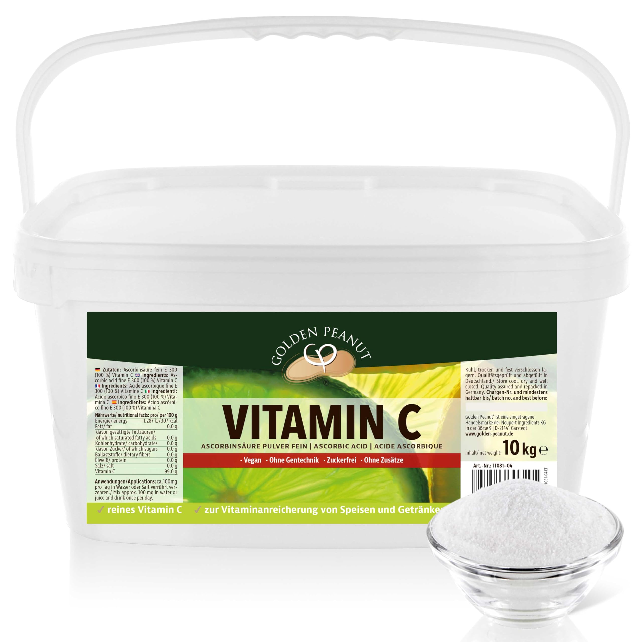GOLDEN PEANUT Vitamina C en polvo, 10 kg, ácido ascórbico puro, sin aditivos, alta dosis, vegano y sin ingeniería genética