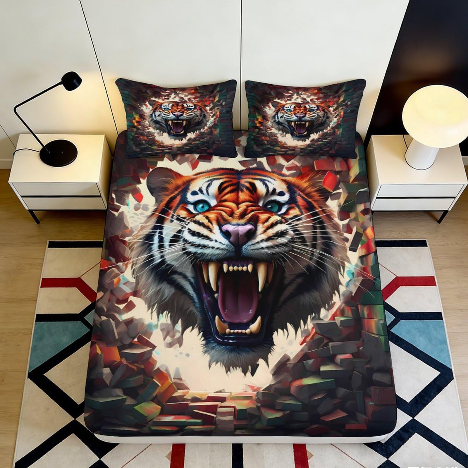 3D Printed Fierce Tiger Fitted Sheet Microfiber Soft Breathable Wild Jungle Bed Cover for Bedroom Dorm Decor Protection 90x200x25cm
