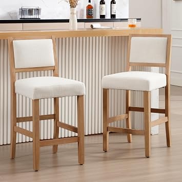 26" Beige Upholstered Linen Bar Stools Set of 2