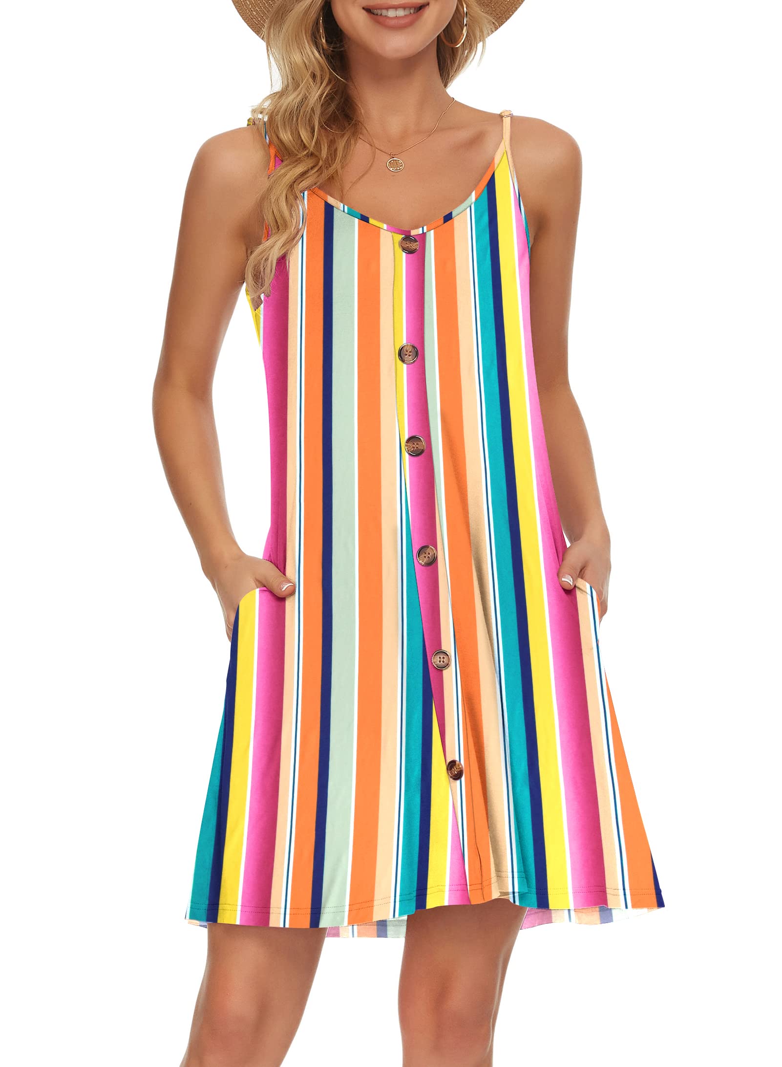 AUSELILY Vestido de Playa Informal con Cuello en V y Correa de Espagueti de Verano para Mujer con Bolsillos