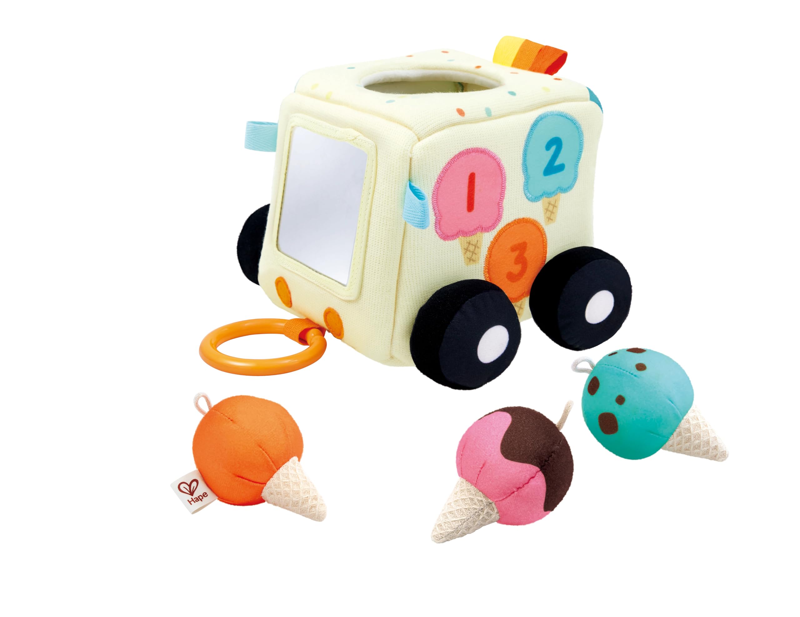 Hape Sensory Scoop Ice Cream Truck – pluszowa zabawka dla niemowląt 6 w 1, z miękkim lustrem, grzechotka, marszczone tekstury i dopasowanie kolorów, eksploracja sensoryczna i rozwój umiejętności