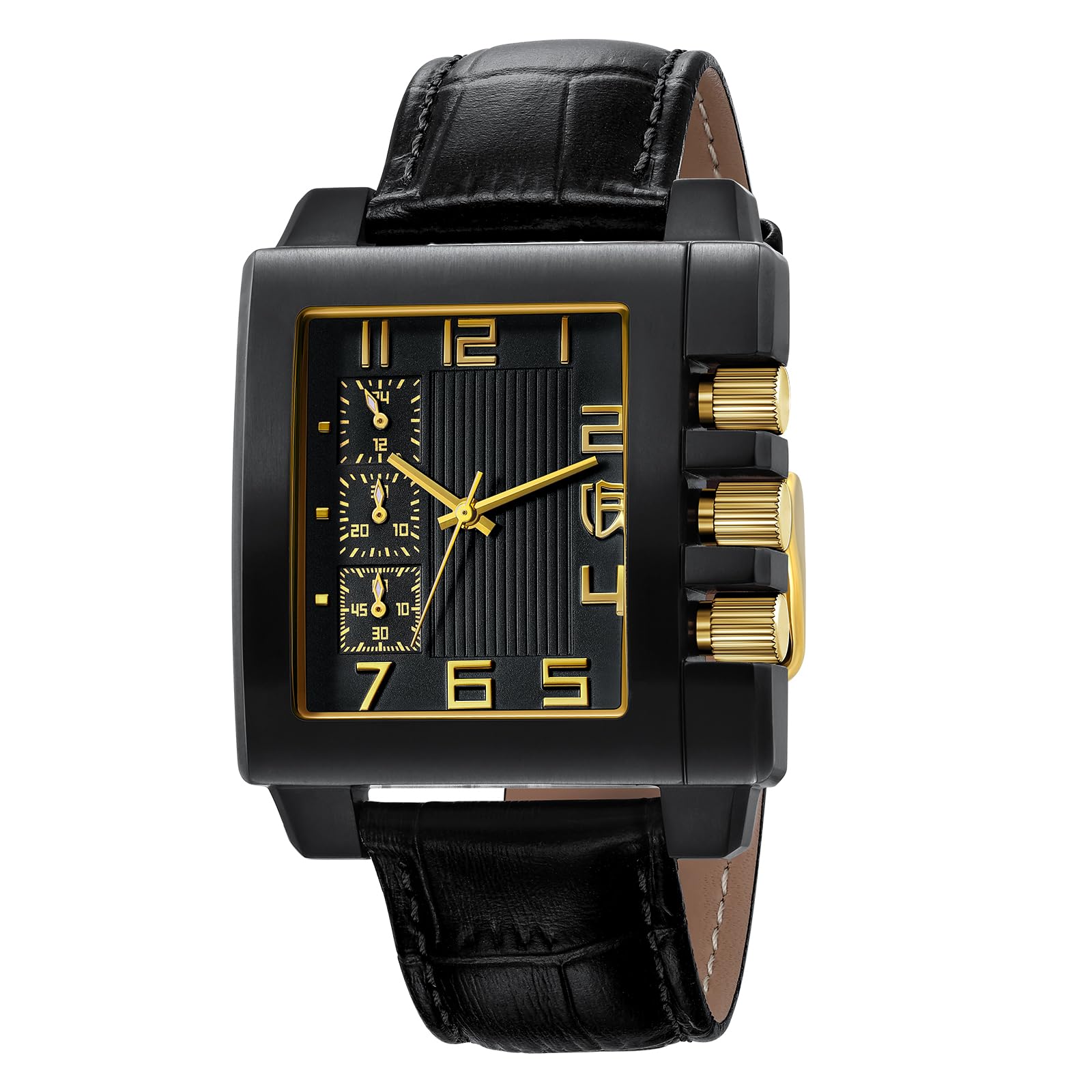 BERNYRectangle Watch for Men Miyota JS55 Movement Personalized Tank Wristwatch with Three Sub-Dia Male Fashion Business Casual Watch 3ATM Waterproof Leather Strap