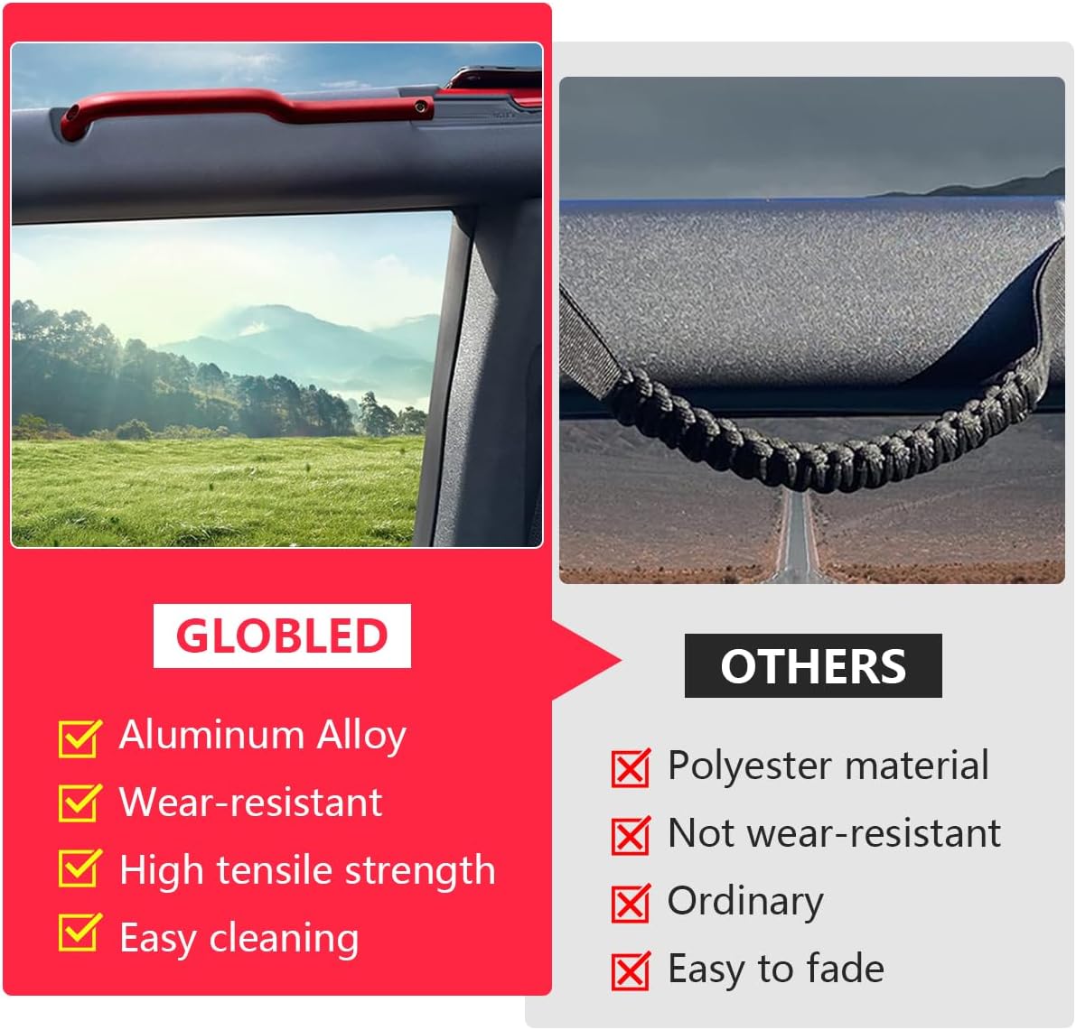 Front Roll Bar Grab Handles Aluminum Alloy Grip Handle Compatible with Ford Bronco 2021 2022 2023 2024 Front Seat 2/4 Door, Sturdy and Durable Grip Handles（Red 2PCS）