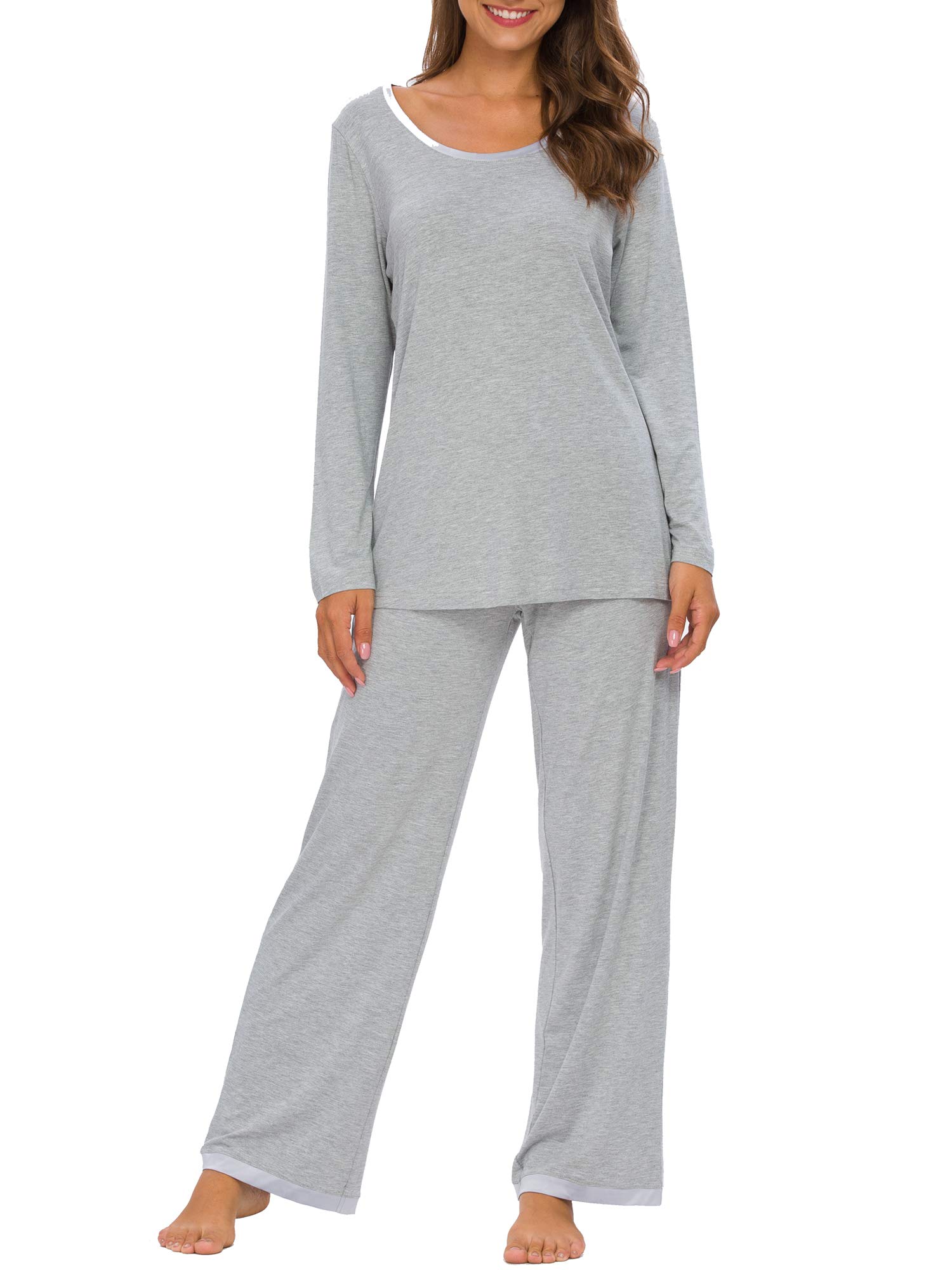 Womens Pajama Set Long Sleeve Sleepwear Scoop Neck Pjs Sets S-4XL, Heather Grey, Medium