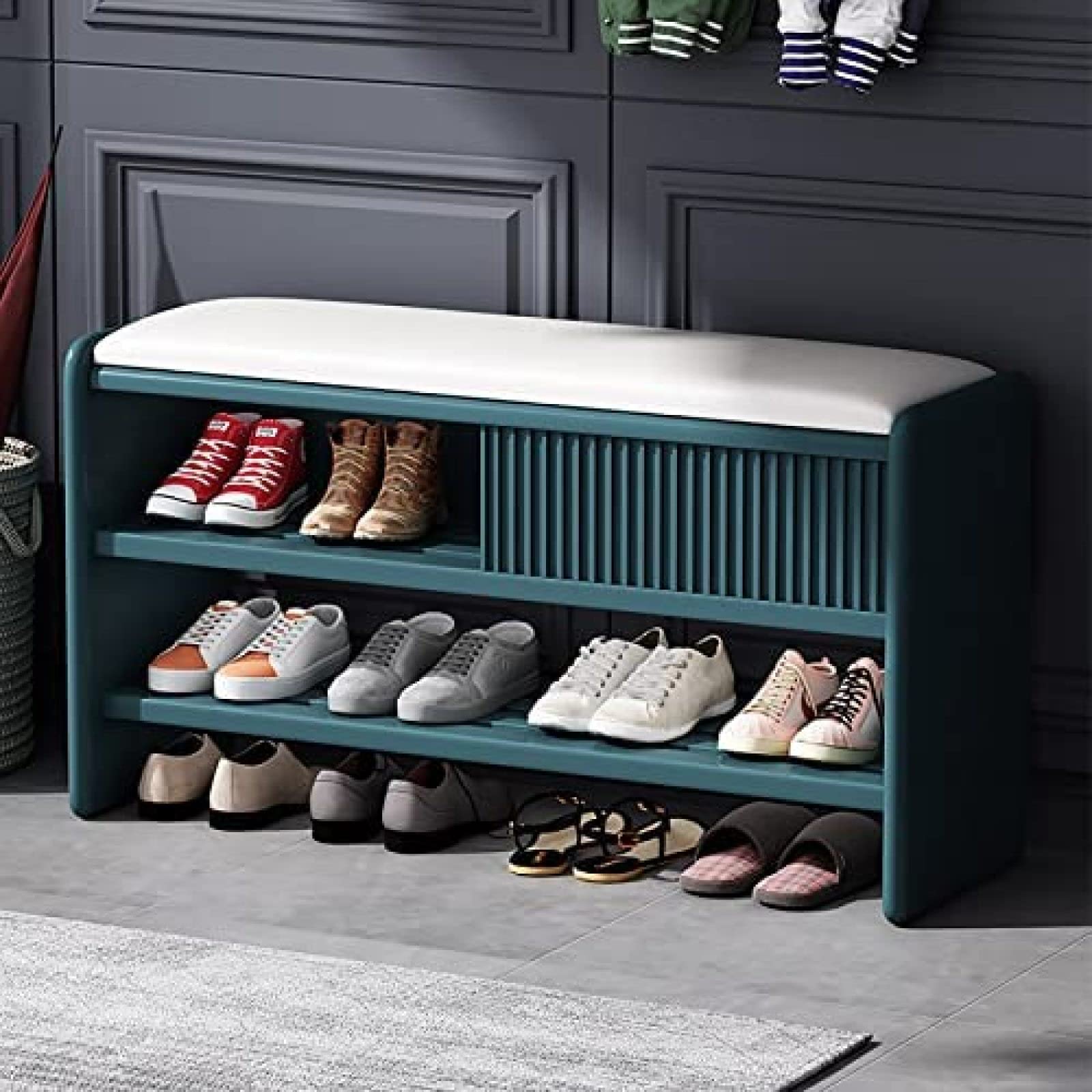 Banc de rangement pour chaussures moderne bois et cuir bleu-blanc 60x30x45cm