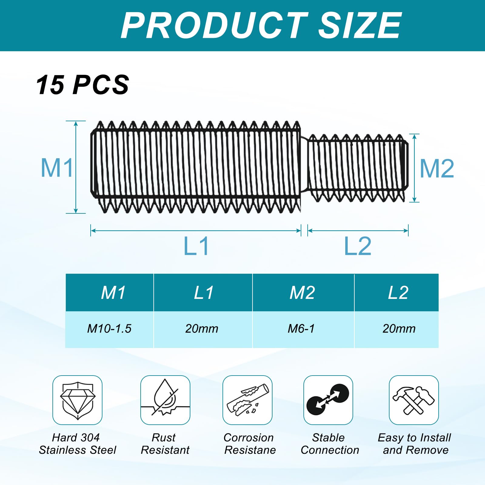 PATIKIL M6x20 to M10x20 Double End Threaded Stud Screw Bolt - Image 2