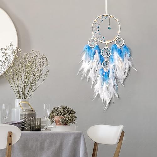 Miniatura 6 de KHOYIME Atrapasueños con luz LED, decoración de luna de medio círculo con luces, atrapasueños de plumas hechas a mano para dormitorio, decoración