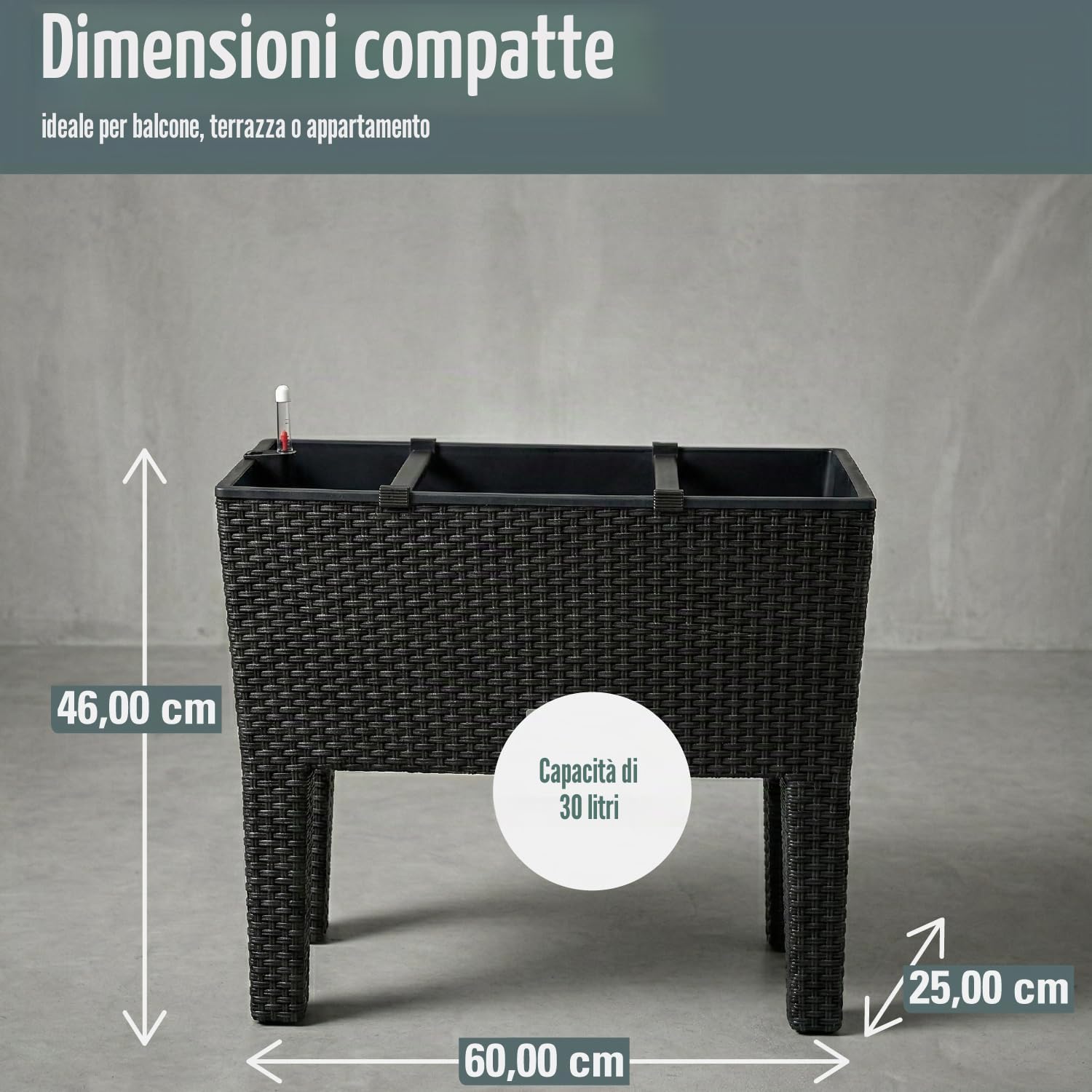 Giardiniere alto rettangolare da 30 litri con autoirigue 60 x 25 x 46 cm con gambe di colore antracite
