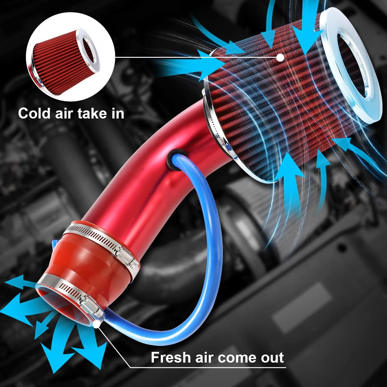 ALAVENTE Universal Car Cool Air Intake Kit 3 Inch Diameter Pipe Aluminium Automotive Filter Induction Low Hose and Clamp Kits (Red)