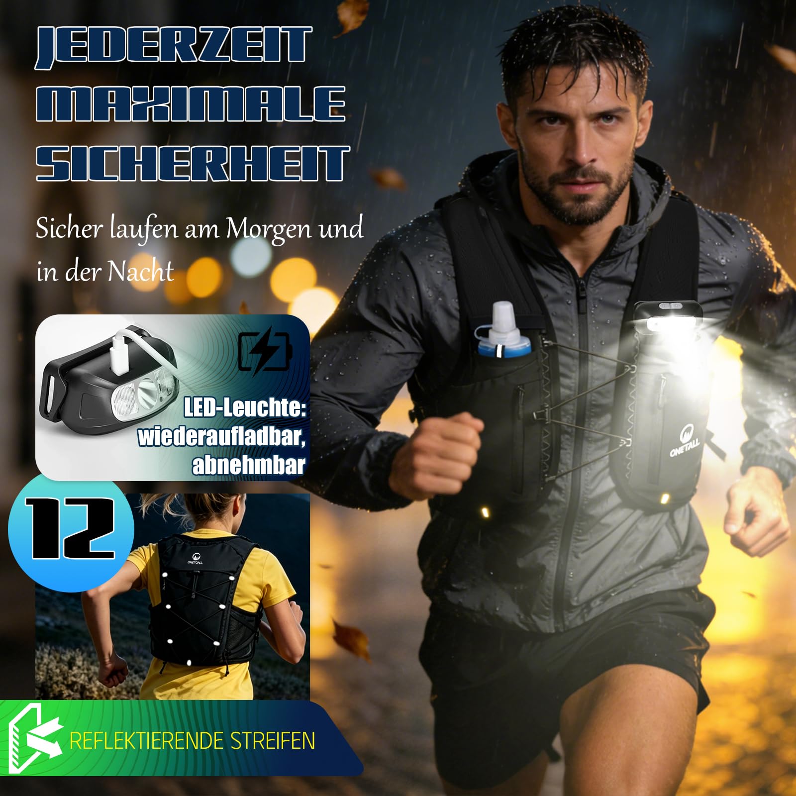 Laufweste Damen und Herren mit Zwei Trinkflaschen Verstellbarer Trinkrucksack mit Lauflicht für Nachtläufe Atmungsaktive Running Vest für Laufen Wandern Joggen Trailrunning