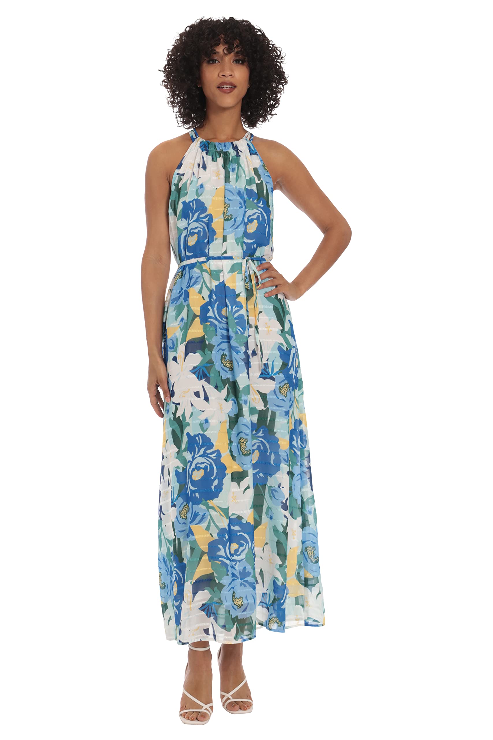 Maggy London Womens Floral Halter Neck Maxi with Waist Spaghetti Tie