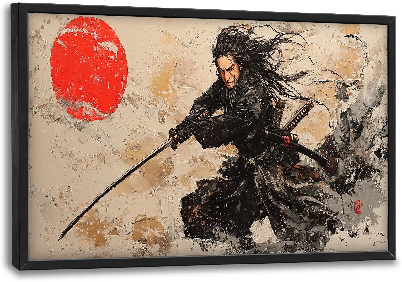 - Japanese Samurai Wall Art Japan Samurai Wall Decor for Living Room Large Size Japan Canvas Painting Pictures Prints Framed Home Decoration Artwork For Kitchen Bedroom Bathroom 36"x24"