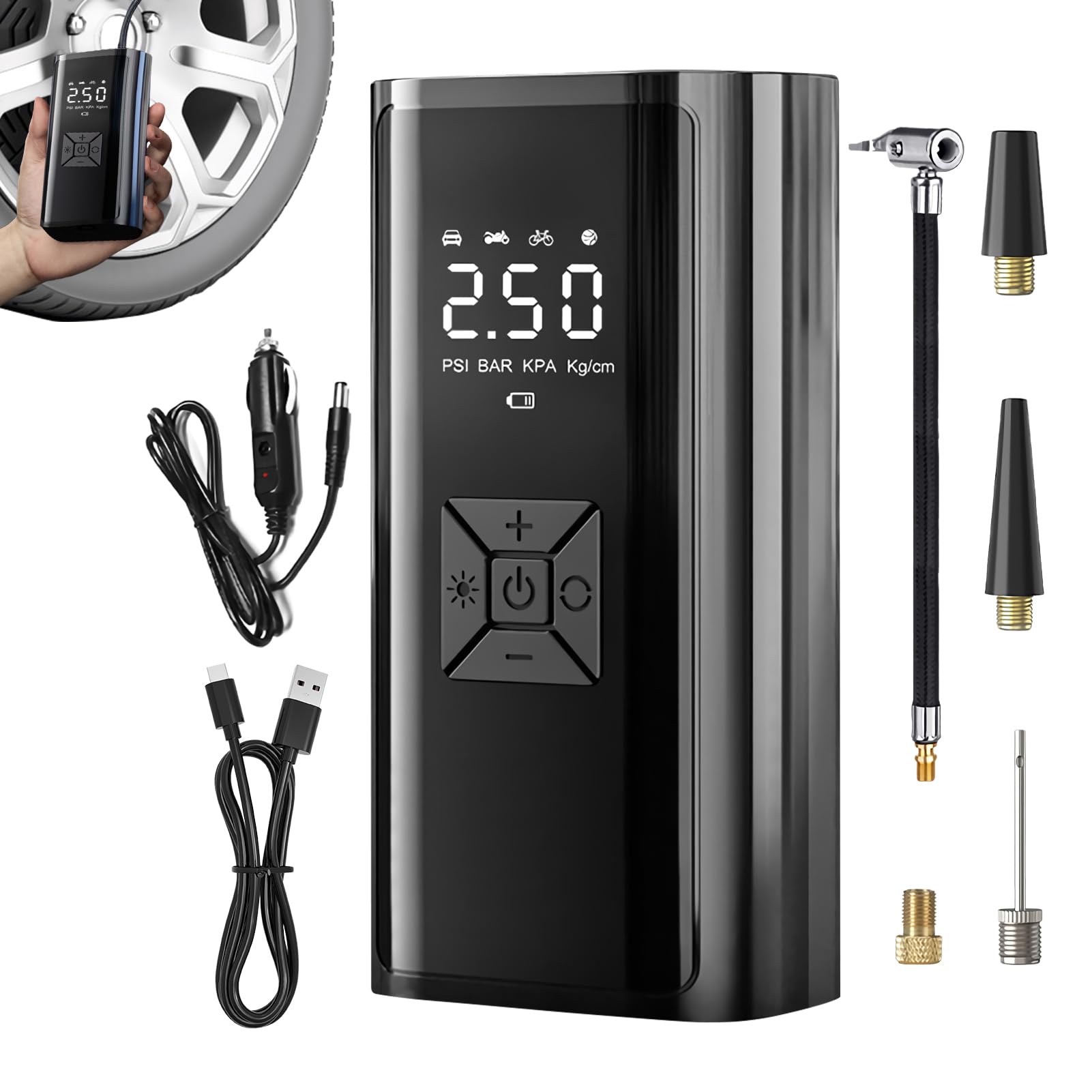 Inflador de Neumáticos Compresor de Aire Portátil,Bomba de Aire Portátil para Automóviles - Inflador de Neumáticos Inalámbrico Recargable con Pantalla LED para Coche Camión Moto Bicicleta Garaje Hogar