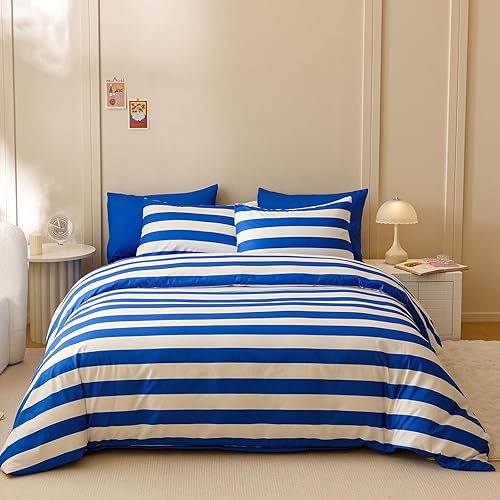 Wellboo Blue White Striped Comforter Sets Queen Navy Blue Striped Bedding Comforters Cotton Men Boys Modern Boho Black Geometric Quilts Blue and White Ticking Stripe Quilts Preppy Vertical Lines Bed