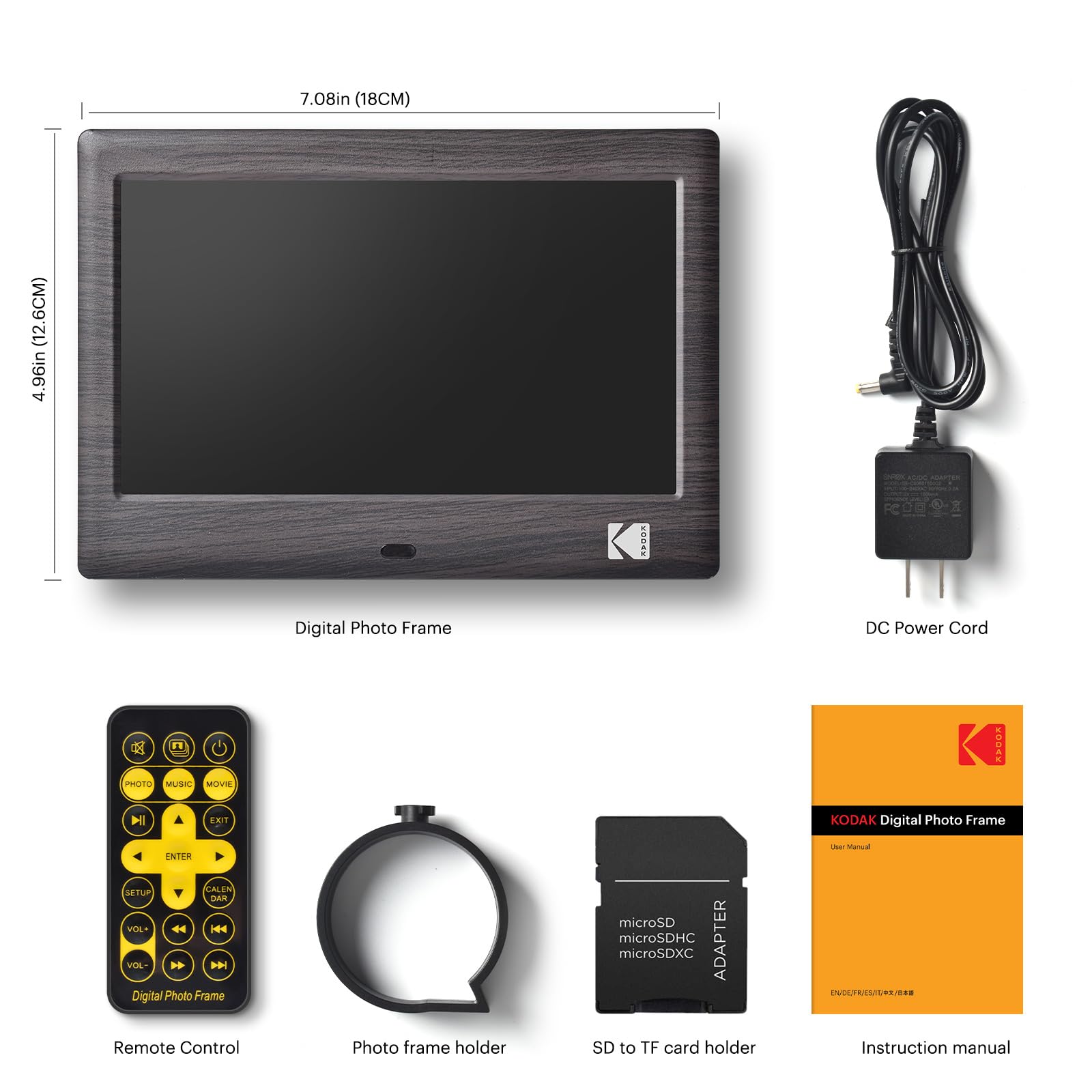 KODAK 7 Zoll Digitale Bilderrahmen, Elektronischer Fotorahmen, IPS-Bildschirm, Foto/Musik/Video Player/Kalender/Alarm, Unterstützung USB Oder SD Karte, Automatisch Drehende, mit Fernbedienung
