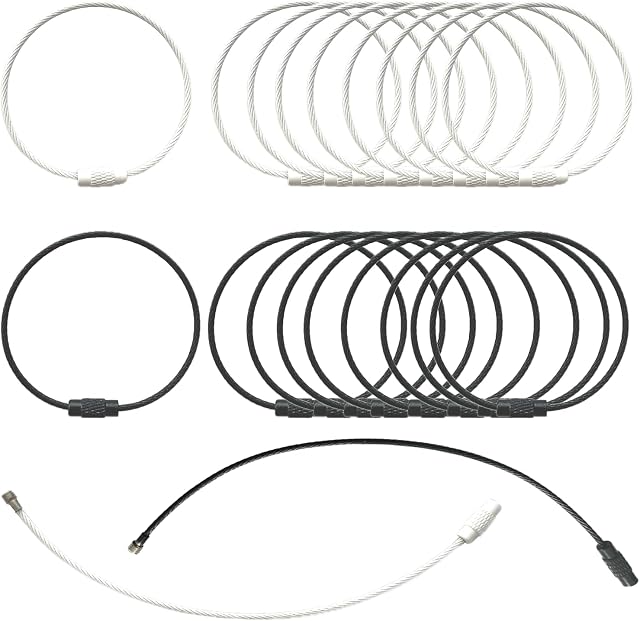 20 PCS Stainless Steel Wire Keychains Cable, Luggage Tag Loops, 2mm Large Keyring Loops 6 inch for Luggage Tags, Key Tags, Keyrings (Black and White)