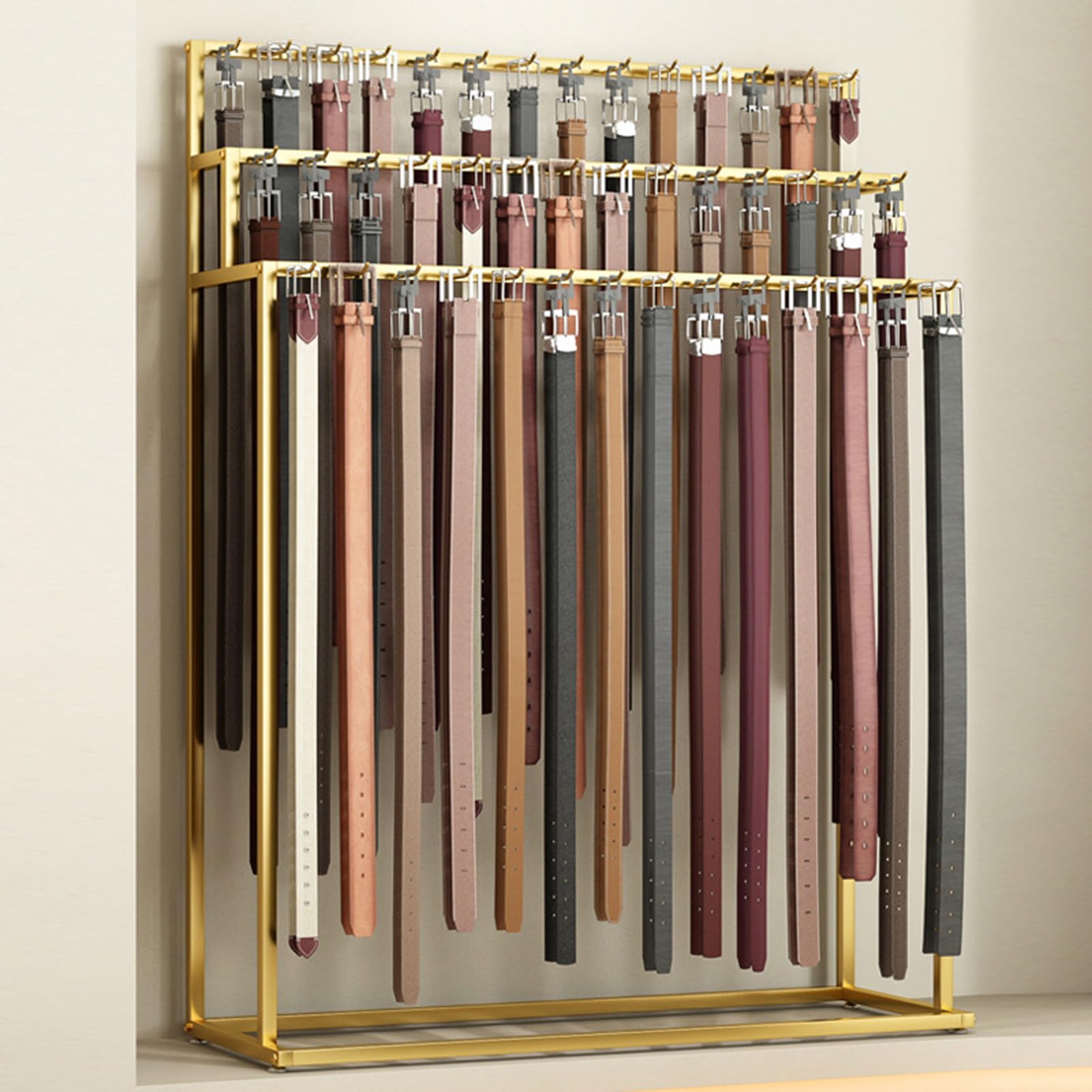 SWENEEN Floor Mounted Belt Hanger,Metal Belt Display Stand Men Closet Display Stand Organizer,Ties Scarf Rack Shawls Shelf For Clothing Retail,Gold-150x40x150cm 60 hooks