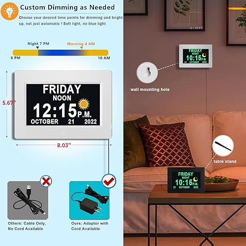 Miniatura 4 de Reloj digital con fecha y semana para personas mayores, calendario no abreviado para demencia, DST automático, 20 recordatorios personalizados,