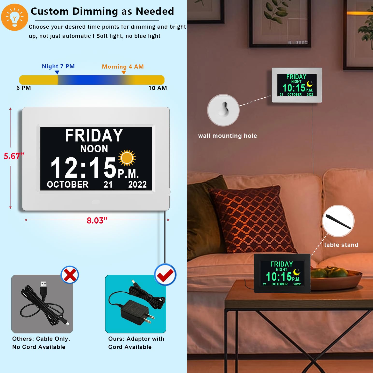 MASSII 【Aggiornato】 Orologio digitale con icone Auto DST e Sun Luna, 20 allarmi promemoria personalizzati, calendario giorno data orologio per anziani, demenza Alzheimer, orologio da 17,8 cm (nero)