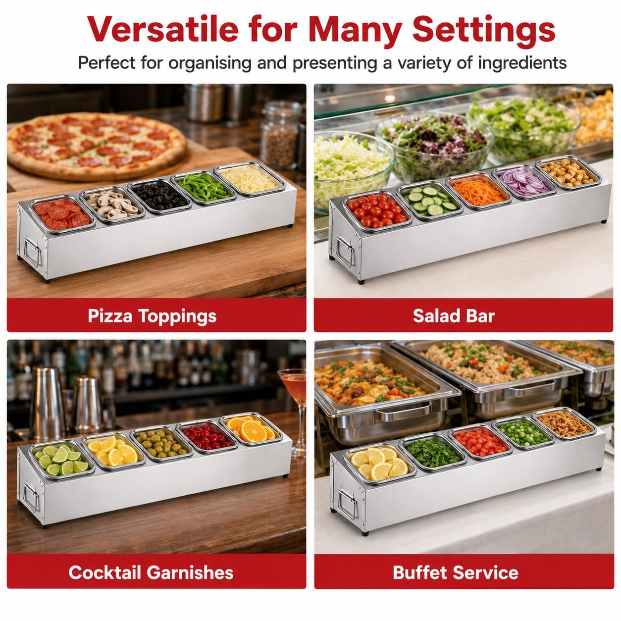 Porta Ingredienti Pizza in Acciaio Inox con Coperchio, Contenitore per Ingredienti per Condimenti E Salse, Vaschette Rimovibili da 2 L, Porta Condimenti per Pizzeria, Buffet