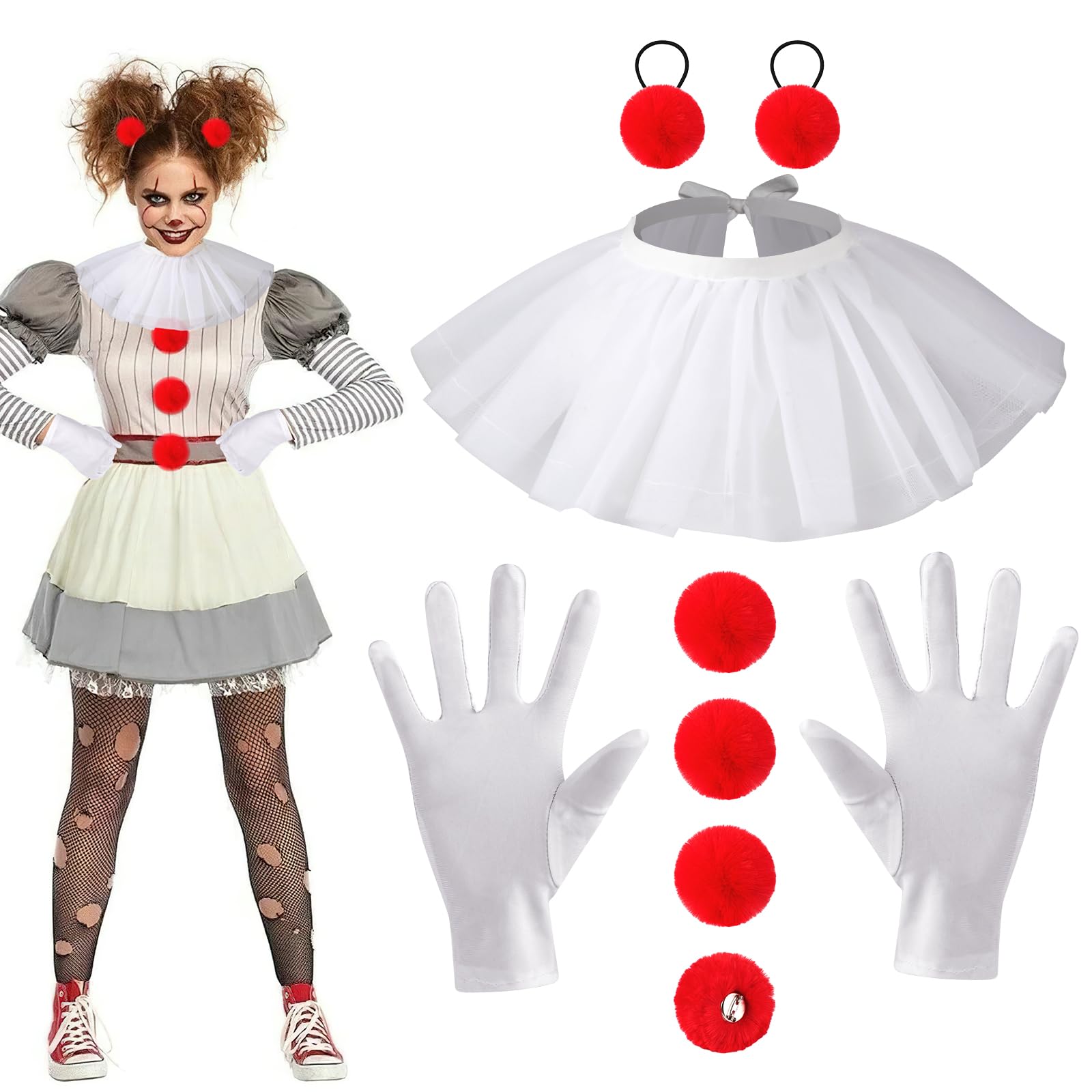 4Pcs Clown Accessories Women, Clown Collar Ruffle Red Pompom Ball Hair Tie Clown Gloves Set, Clown Outfit Clown Costume Accessories for Adults Kids for Halloween Carnival Scary Movie Cosplay Party